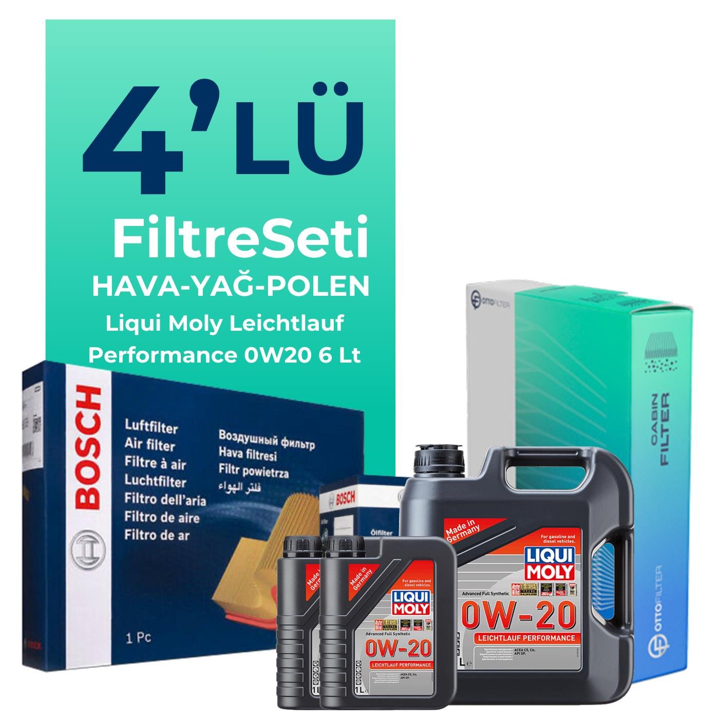 BOSCH Volvo V90 Cross Country 2.0 Dizel B5 Filtre Bakım Seti Liqui Moly Leichtlauf Performance 0W-20 6 Litre Motor Yağlı (2020-2024) 4 Lü