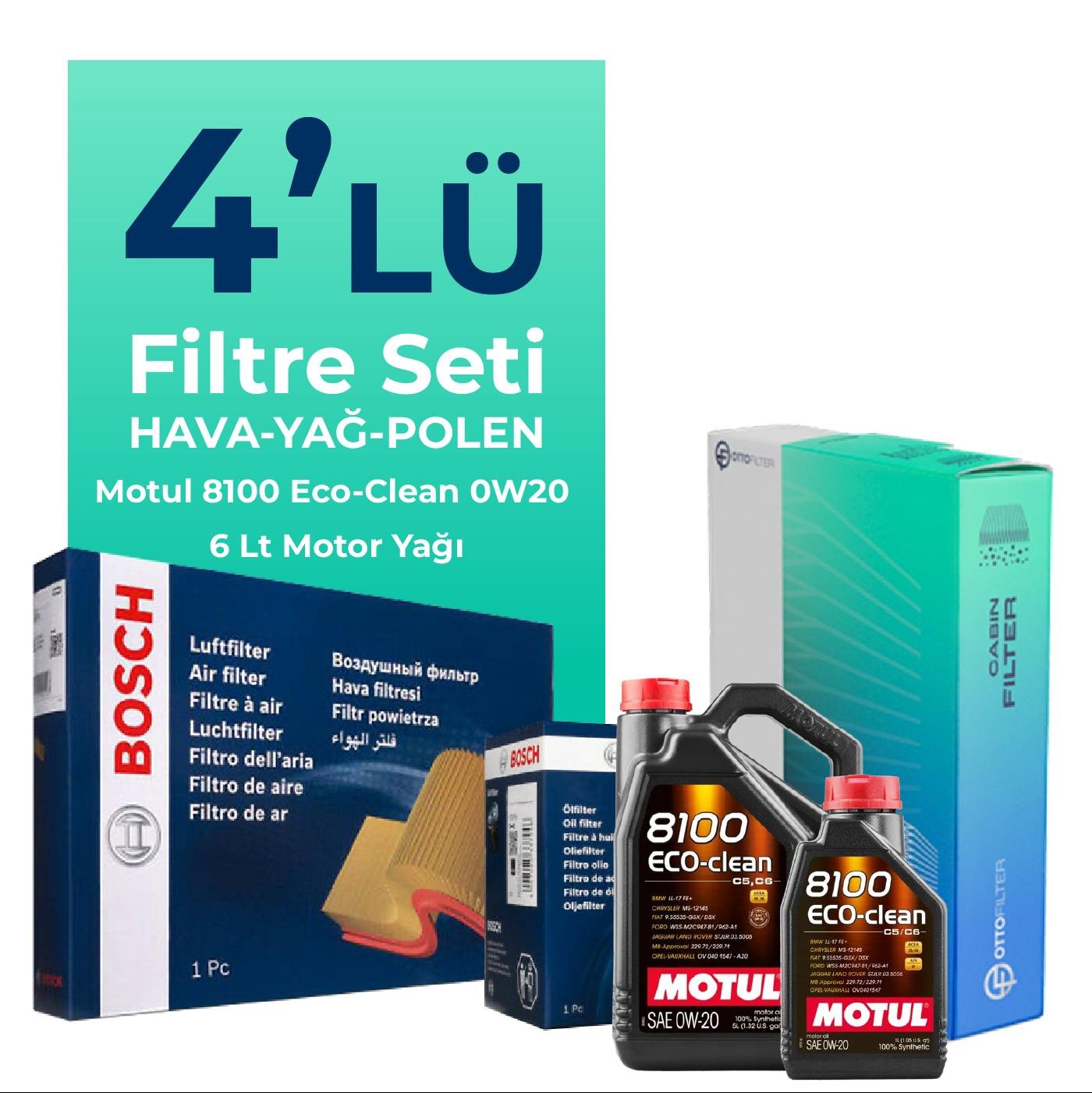 BOSCH Volvo V90 Cross Country 2.0 Dizel D5 Filtre Bakım Seti Motul 8100 Eco-Clean 0W-20 6 Litre Motor Yağlı (2018-2020) 4 Lü