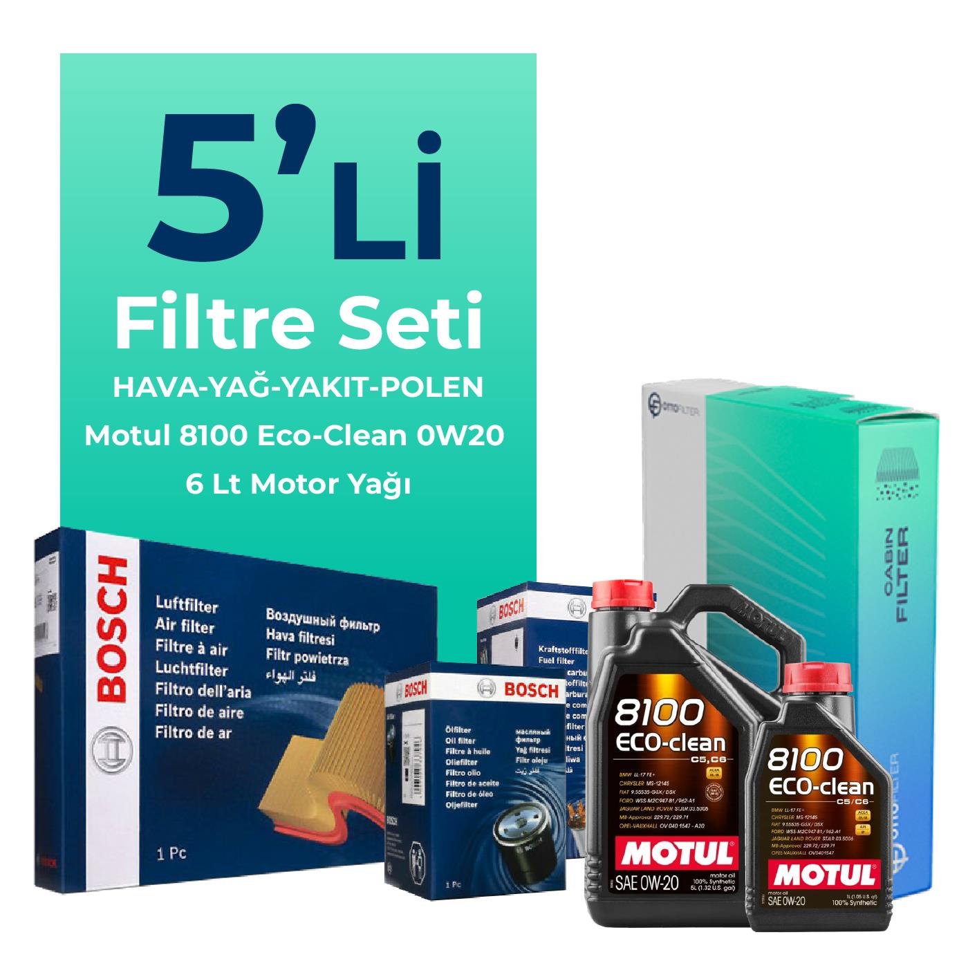 BOSCH Volvo XC60 2.0 Dizel Filtre Bakım Seti Motul 8100 Eco-Clean 0W-20 6 Litre Motor Yağlı (2013-2017) 5 Li