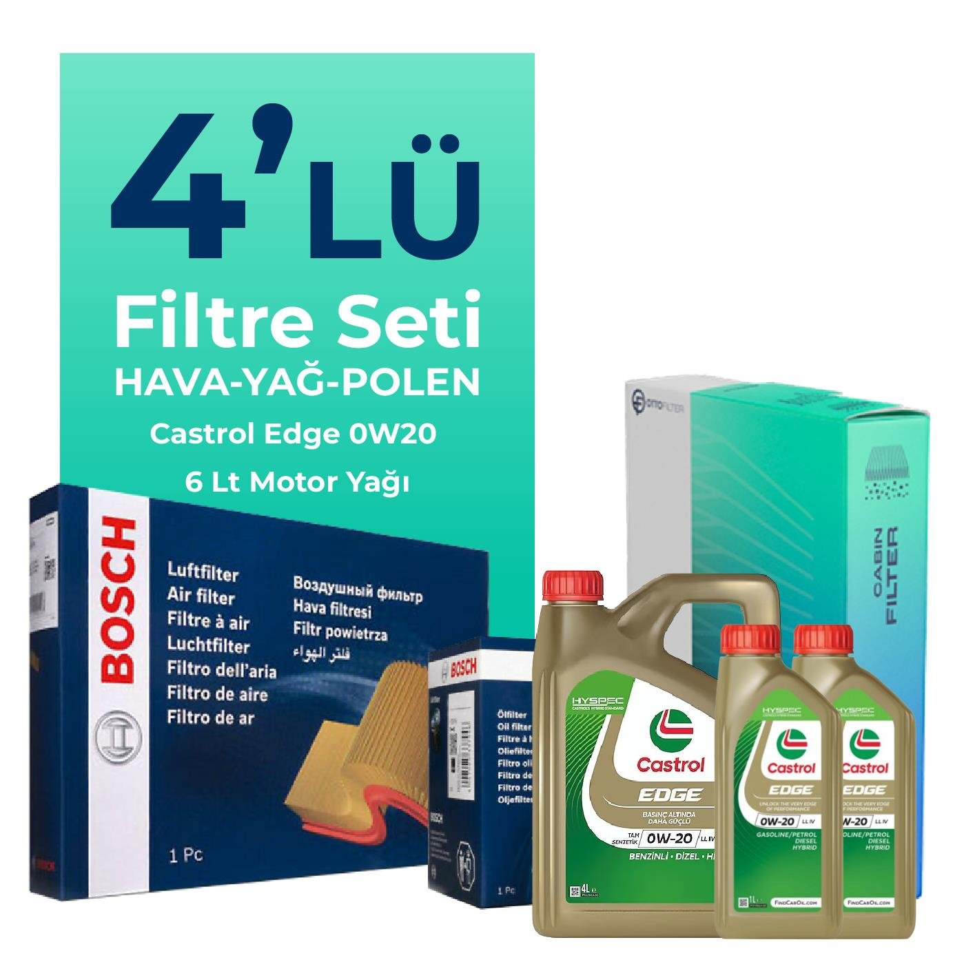 BOSCH Volvo XC90 2.0 Dizel B5 Filtre Bakım Seti Castrol Edge 0W-20 6 Litre Motor Yağlı (2019-2024) 4 Lü