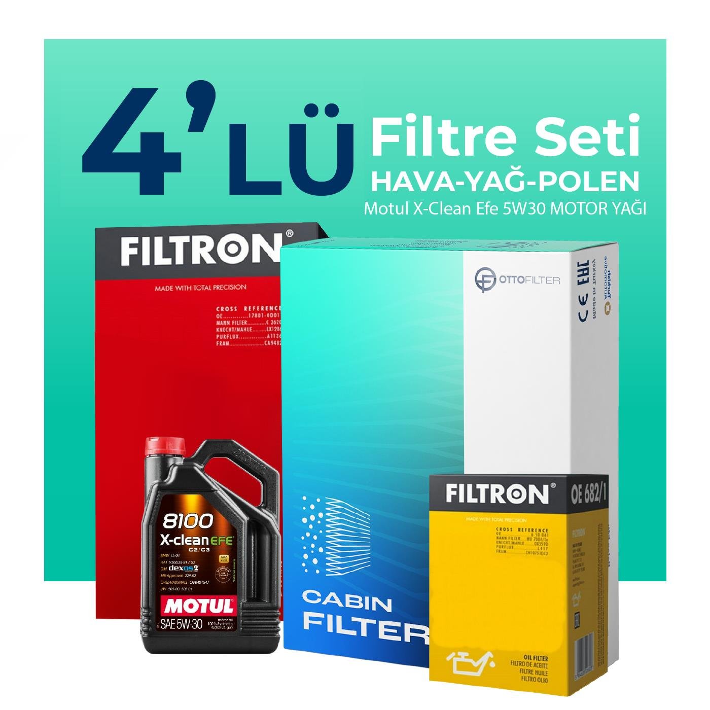 Filtron Audi A6 2.0 Dizel Filtre Bakım Seti Motul 8100 X-Clean Efe 5W-30 5 Litre Motor Yağlı (2004-2008)) 4 Lü