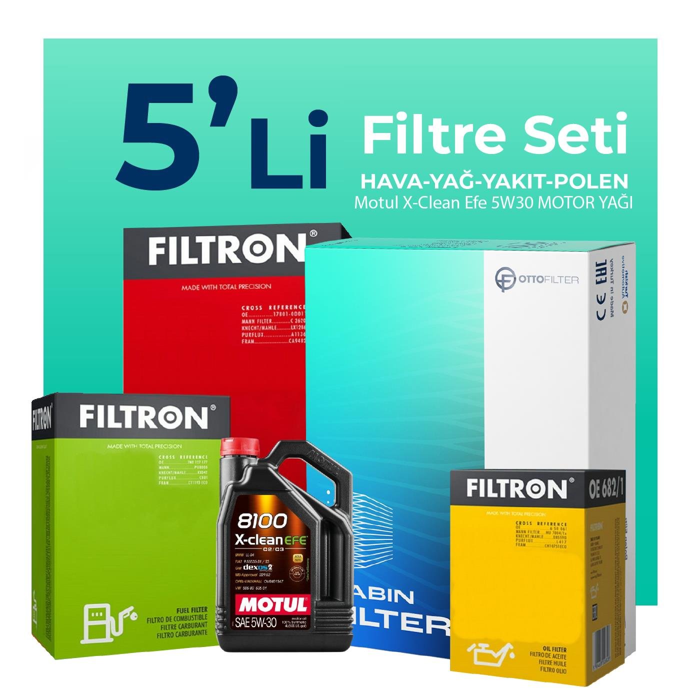Filtron BMW X3 2.0 Dizel xDrive Filtre Bakım Seti Motul 8100 X-Clean Efe 5W-30 5 Litre Motor Yağlı (2008-2010) 5 Li