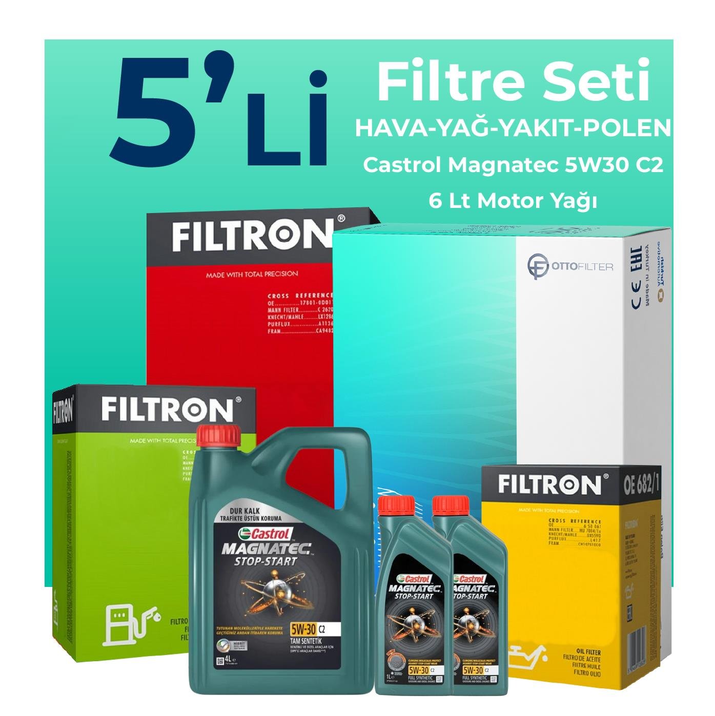 Filtron Chevrolet Captiva 2.0 Dizel Filtre Bakım Seti Castrol Magnatec C2 5W-30 6 Litre Motor Yağlı (2006-2011) 5 Li