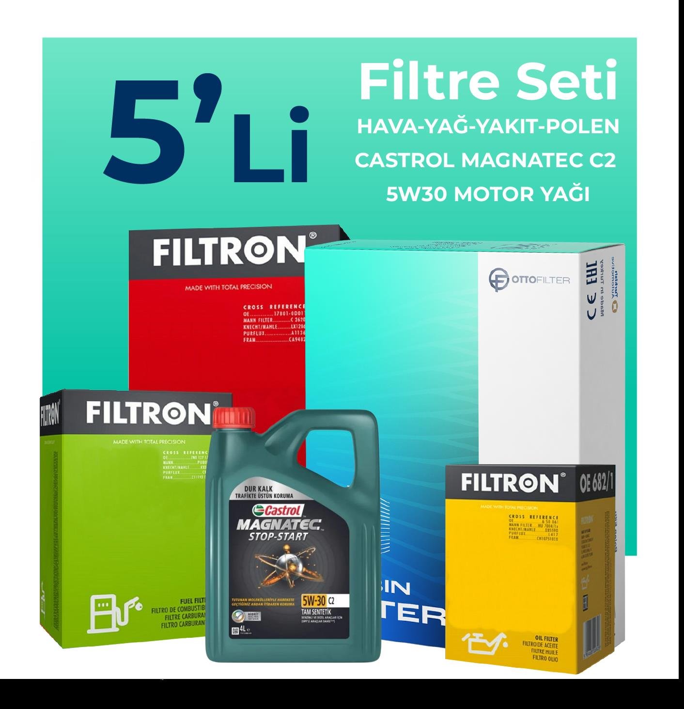Filtron Citroen C4 1.6 Dizel Filtre Bakım Seti Castrol Magnatec C2 5W-30 4 Litre Motor Yağlı (2009-2016) 5 Li