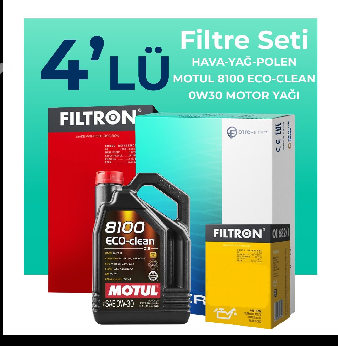 Filtron Citroen C5 AirCross 1.2 Benzinli Filtre Bakım Seti Motul 8100 Eco-Clean 0W-30 5 Litre Motor Yağlı (2018-2021) 4 Lü