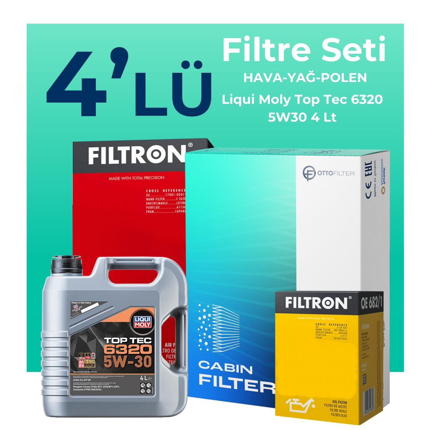 Filtron Citroen DS4 1.2 Benzinli Filtre Bakım Seti Liqui Moly Top Tec 6320 5W-30 4 Litre Motor Yağlı (2022-2024) 4 Lü