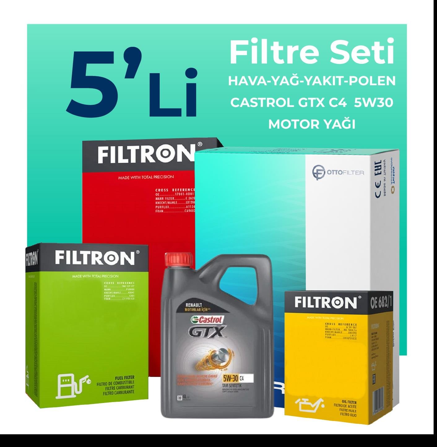 Filtron Dacia Lodgy 1.5 BlueDci Dizel Filtre Bakım Seti Castrol GTX C4 5W-30 5 Litre Motor Yağlı (2018-2022) 5 Li