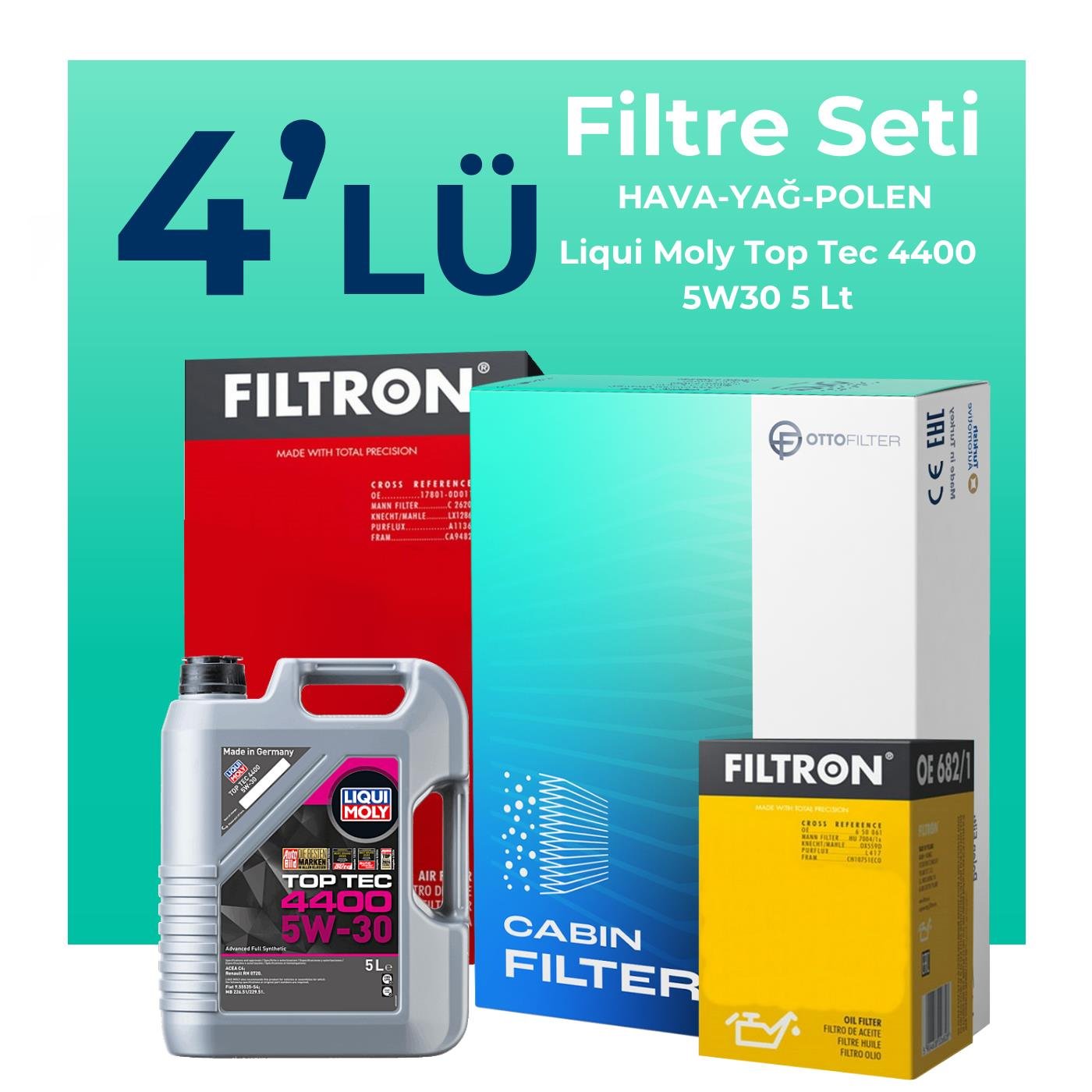 Filtron Dacia Logan 1.5 Dizel Filtre Bakım Seti Liqui Moly Top Tec 4400 5W-30 5 Litre Motor Yağlı (2012-2018) 4 Lü