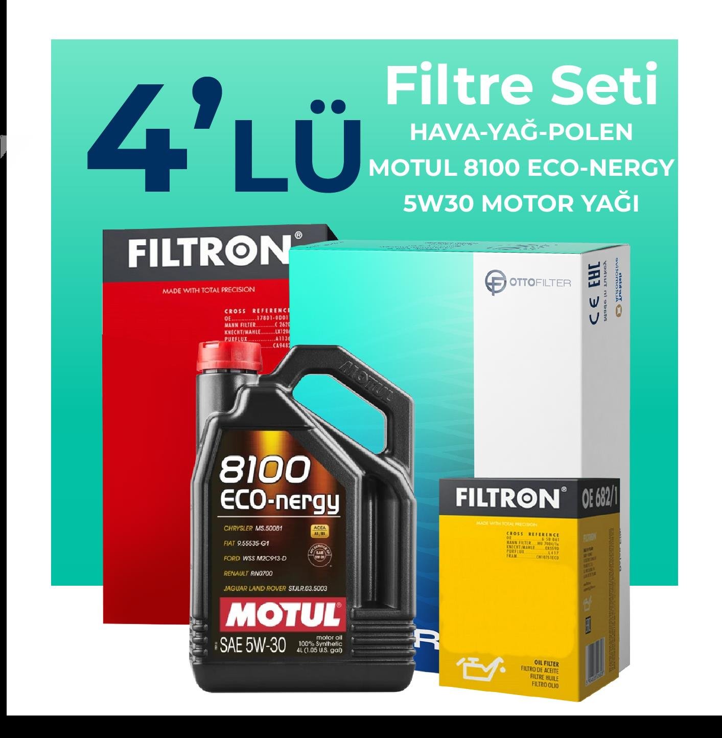 Filtron Dacia Sandero 1.0 Benzinli Filtre Bakım Seti Motul 8100 Eco-Nergy 5W-30 4 Litre Motor Yağlı (2016-2020) 4 Lü