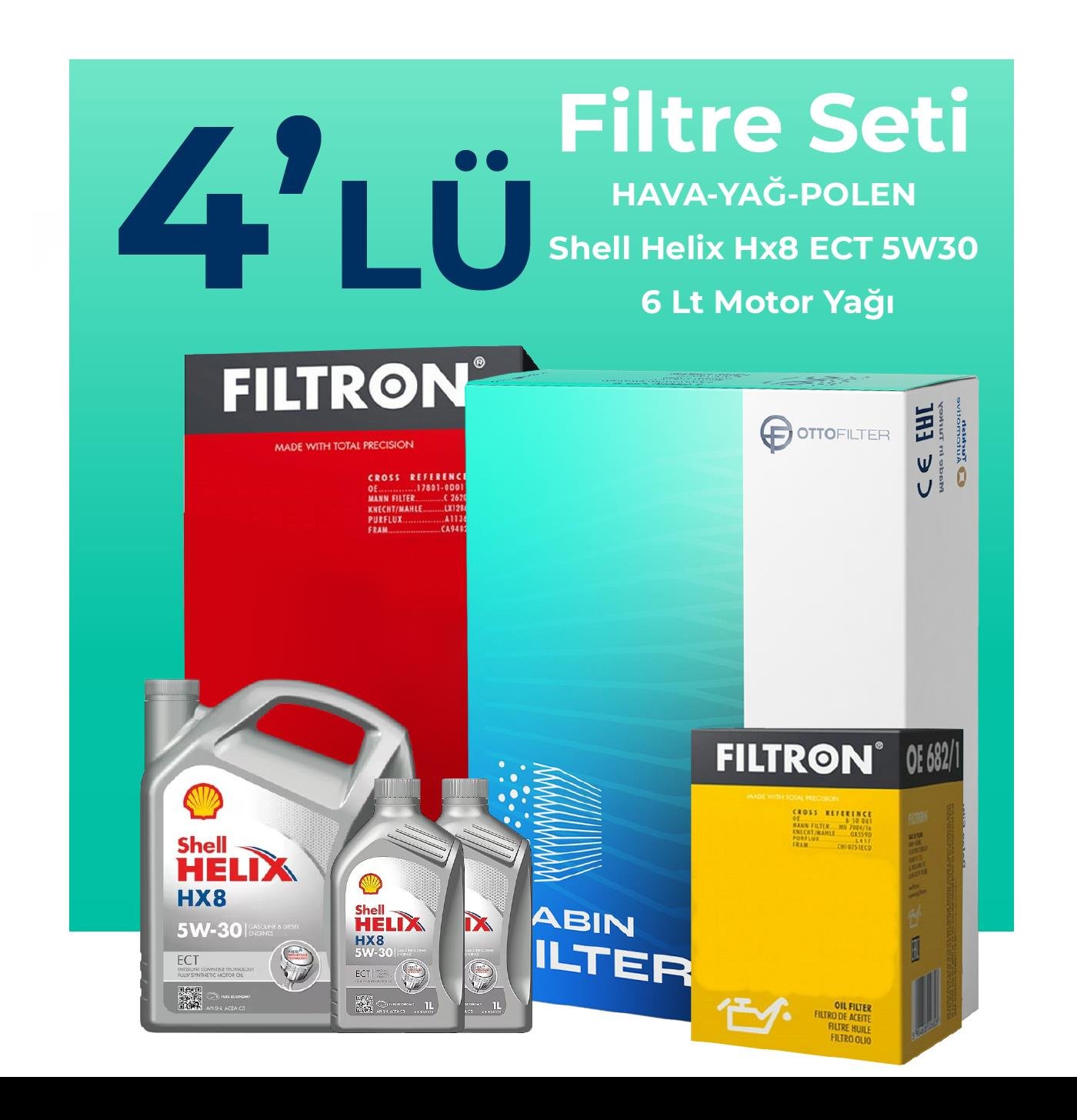 Filtron Dacia Sandero 1.5 BlueDci Dizel Filtre Bakım Seti Shell Helix Hx8 ECT 5W-30 6 Litre Motor Yağlı (2018-2021) 4 Lü