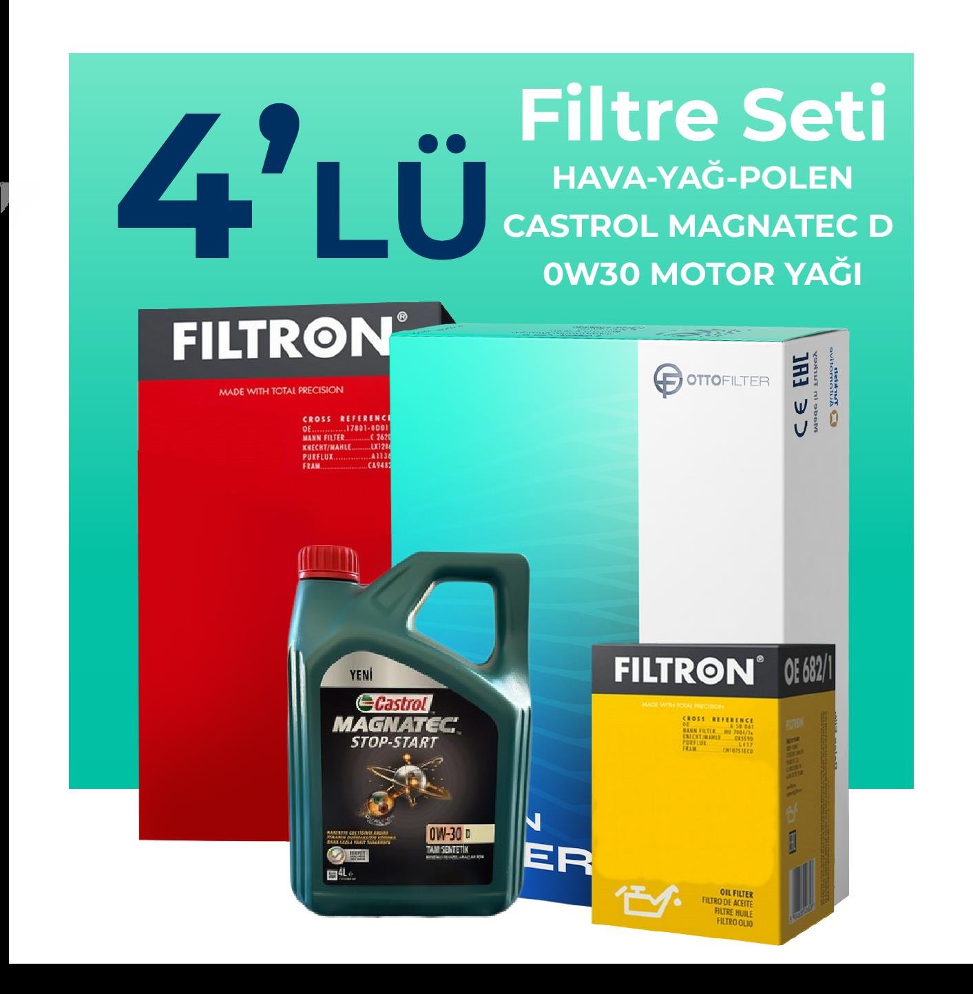 Filtron Fiat 500X 1.3 Benzinli Filtre Bakım Seti Castrol Magnatec C2 0W-30 4 Litre Motor Yağlı (2019-2023) 4 Lü