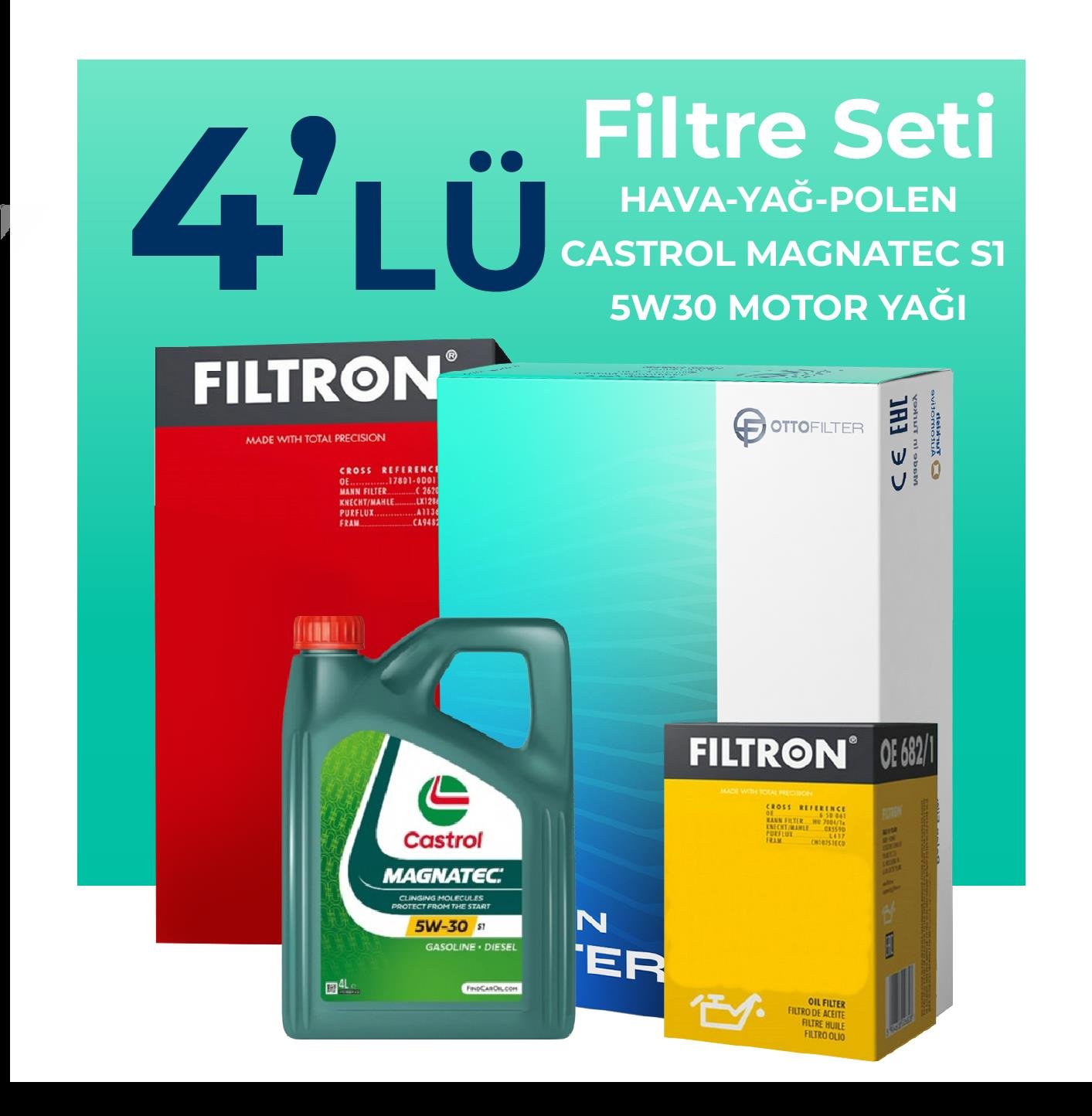 Filtron Fiat Albea 1.3 Dizel Filtre Bakım Seti Castrol Magnatec S1 5W-30 4 Litre Motor Yağlı (2002-2012) 4 Lü