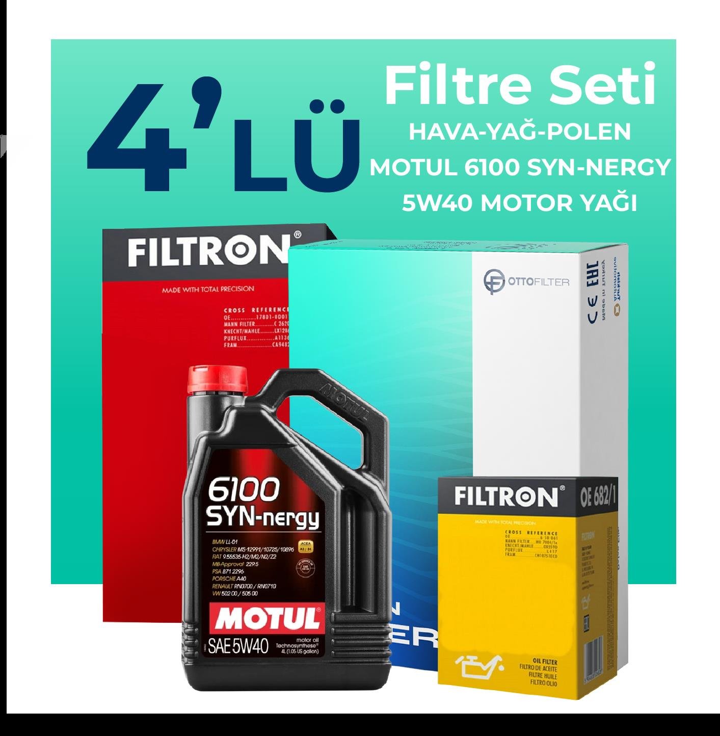 Filtron Fiat Bravo 1.4 T-Jet Benzinli Filtre Bakım Seti Motul 6100 Syn-Nergy 5W-40 4 Litre Motor Yağlı (2007-2015) 4 Lü