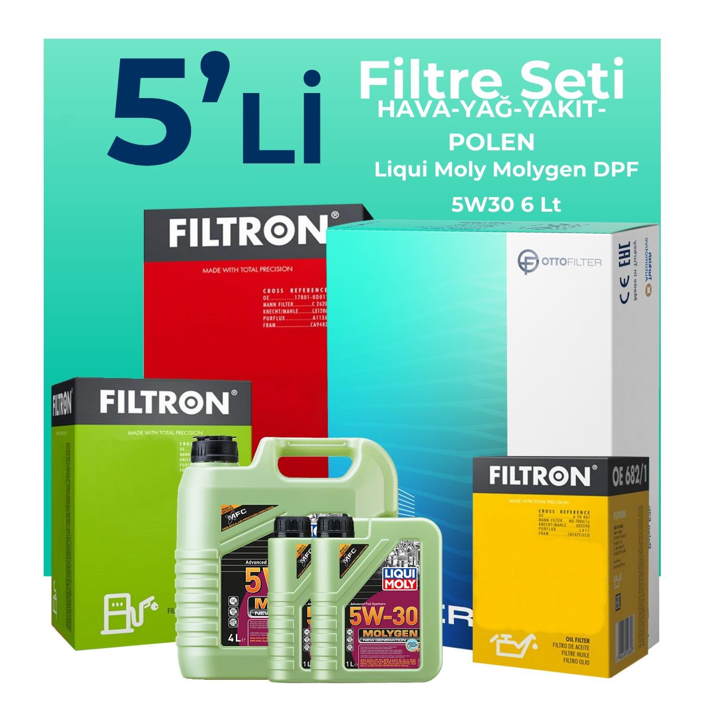 Filtron Fiat Ducato 2.3 Dizel Filtre Bakım Seti Liqui Moly Molygen New Generation DPF 5W-30 6 Litre Motor Yağlı (2015-2020) 5 Li
