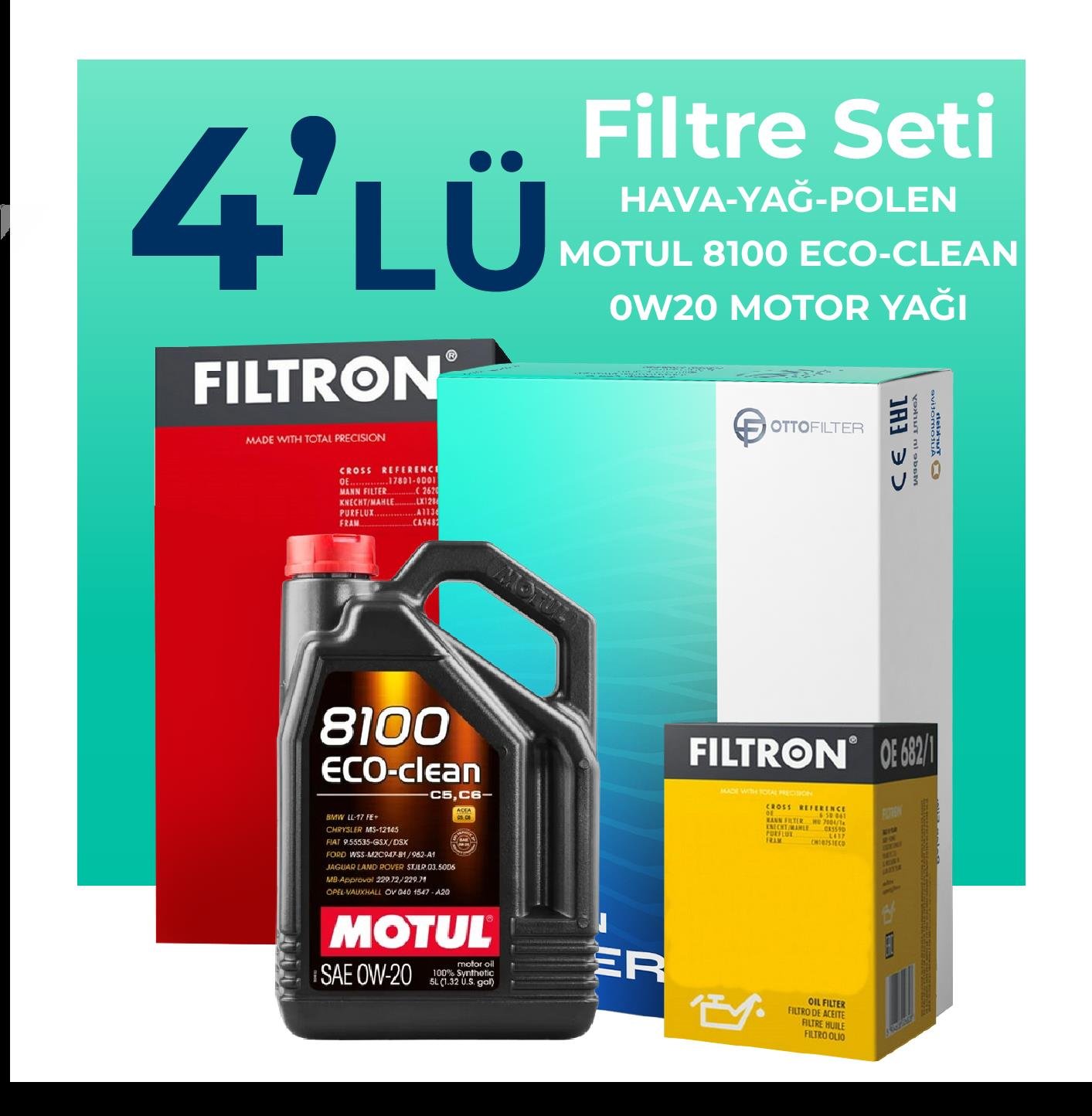 Filtron Fiat Egea 1.5 Benzin Filtre Bakım Seti Motul 8100 Eco-Clean 0W-20 5 Litre Motor Yağlı (2022-2024) 4 Lü