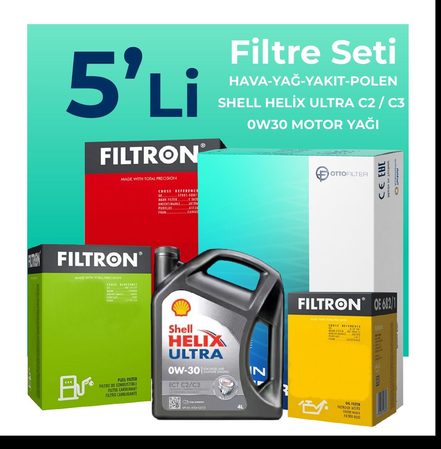 Filtron Fiat Fiorino 1.3 Dizel Filtre Bakım Seti Shell Helix Ultra ECT C2 / C3 0W-30 4 Litre Motor Yağlı EURO 6 (2015-2024) 5 Li
