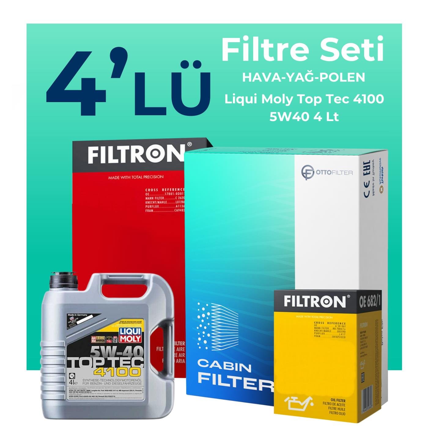 Filtron Fiat Grande Punto 1.4 Benzinli Filtre Bakım Seti Liqui Moly Top Tec 4100 5W-40 4 Litre Motor Yağlı (2005-2013) 4 Lü