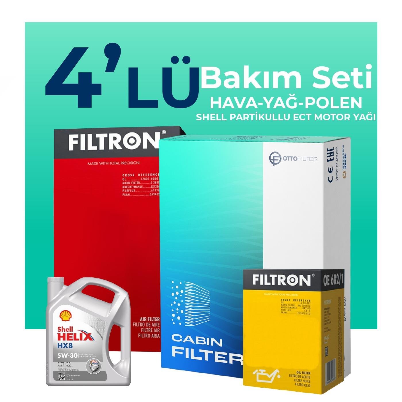 Filtron Fiat Linea 1.3 Dizel Filtre Bakım Seti Shell Helix Hx8 ECT 5W-30 4 Litre Motor Yağlı EURO 5 (2009-2017) 4 Lü