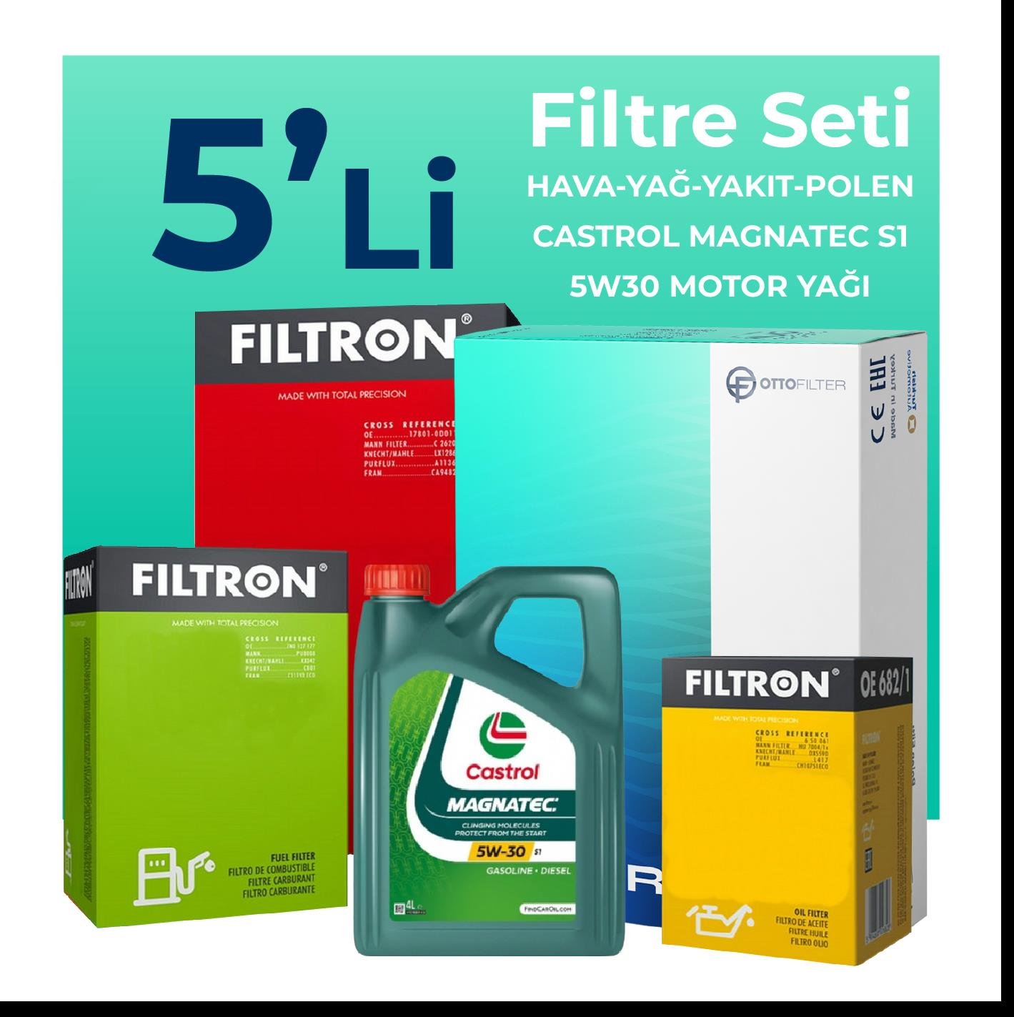 Filtron Fiat Punto Evo 1.3 Dizel Filtre Bakım Seti Castrol Magnatec S1 5W-30 4 Litre Motor Yağlı EURO 4 (2008-2015) 5 Li