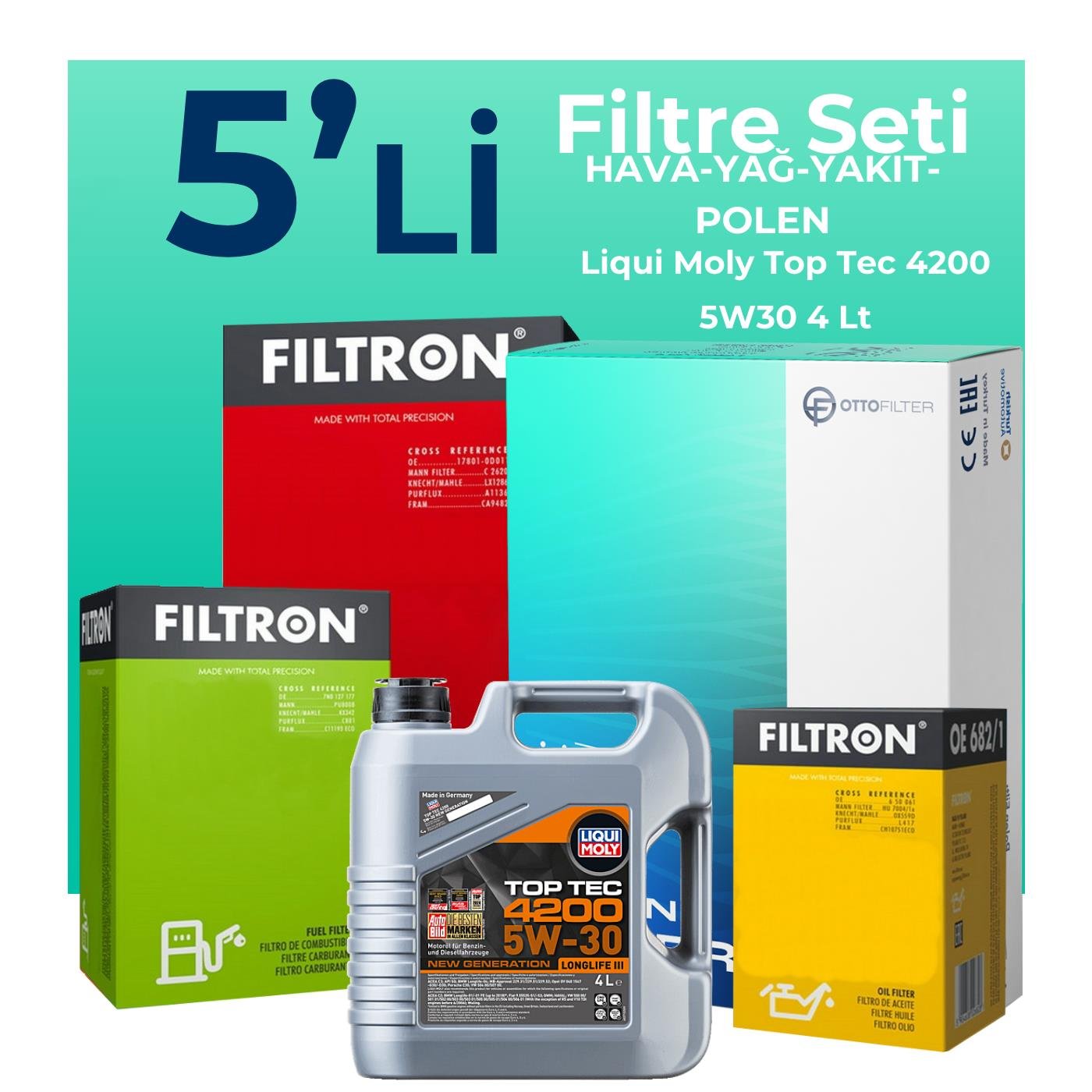 Filtron Fiat Punto Evo 1.3 Dizel Filtre Bakım Seti Liqui Moly Top Tec 4200 5W-30 4 Litre Motor Yağlı EURO 5 (2008-2015) 5 Li