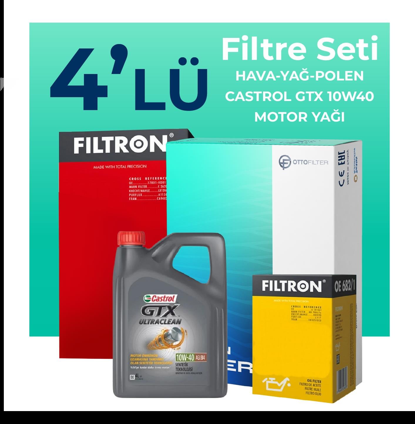 Filtron Fiat Siena 1.6 Benzinli Filtre Bakım Seti Castrol GTX 10W-40 4 Litre Motor Yağlı (1998-2006) 4 Lü