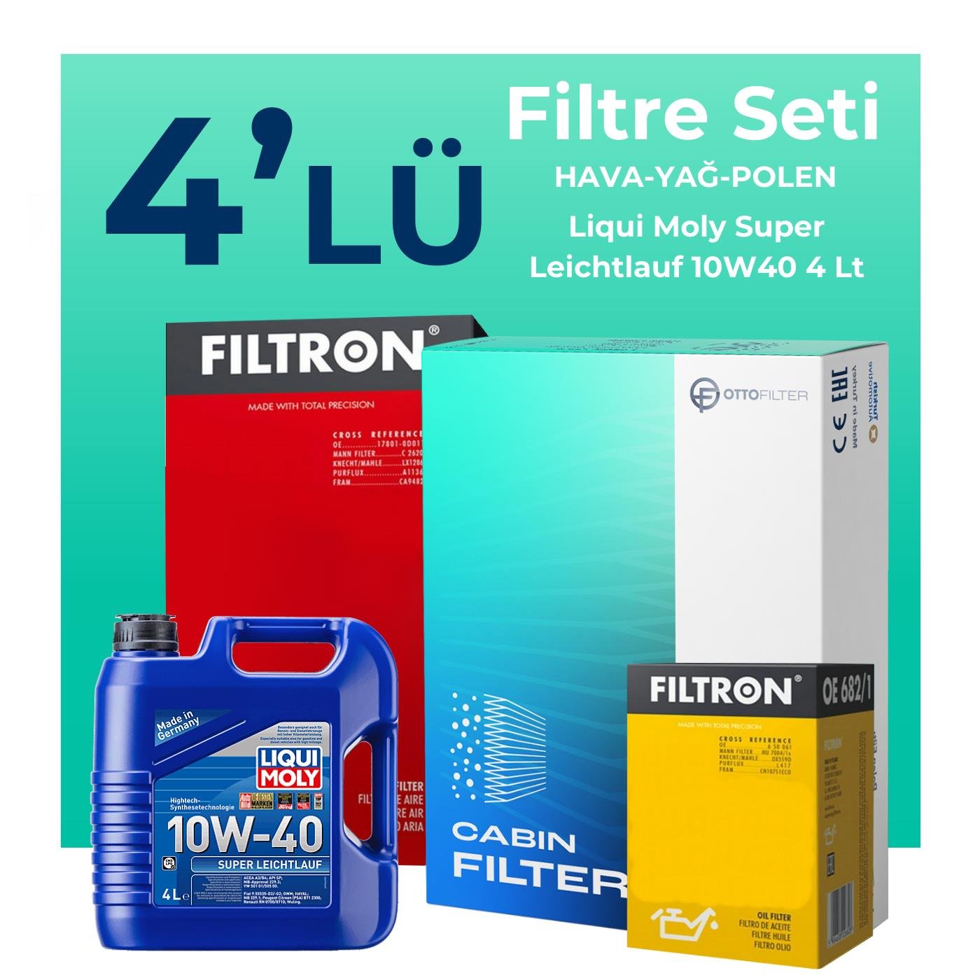 Filtron Fiat Siena 1.6 Benzinli Filtre Bakım Seti Liqui Moly Super Leichtlauf 10W-40 4 Litre Motor Yağlı (1998-2006) 4 Lü
