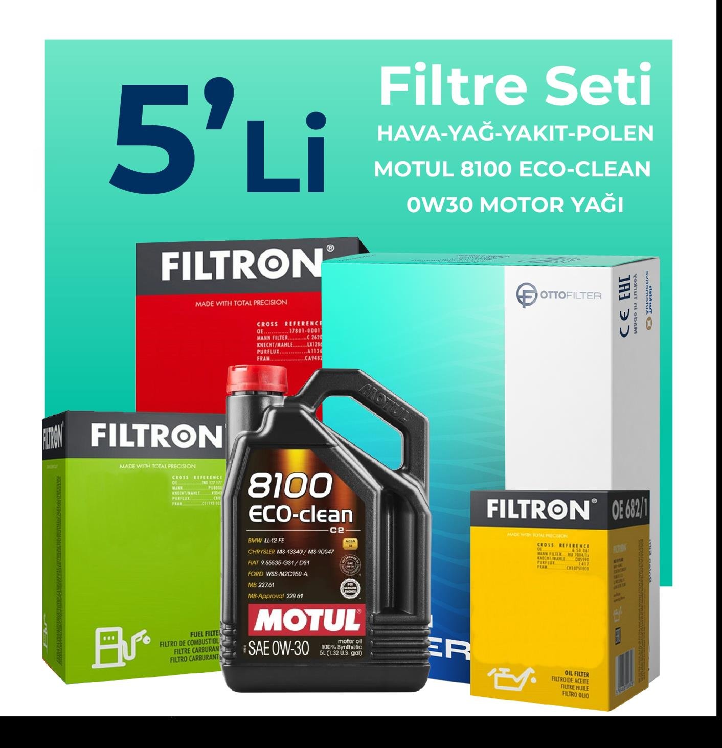 Filtron Ford C-MAX 1.5 Dizel Filtre Bakım Seti Motul 8100 Eco-Clean 0W-30 5 Litre Motor Yağlı (2015-2019) 5 Li