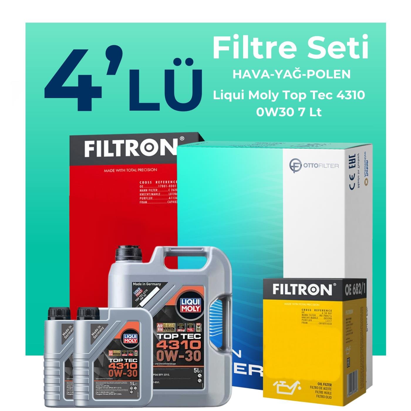 Filtron Ford Courier 1.5 EcoBlue Filtre Bakım Seti Liqui Moly Top Tec 4310 0W-30 7 Litre Motor Yağlı (2024-2025) 4 Lü