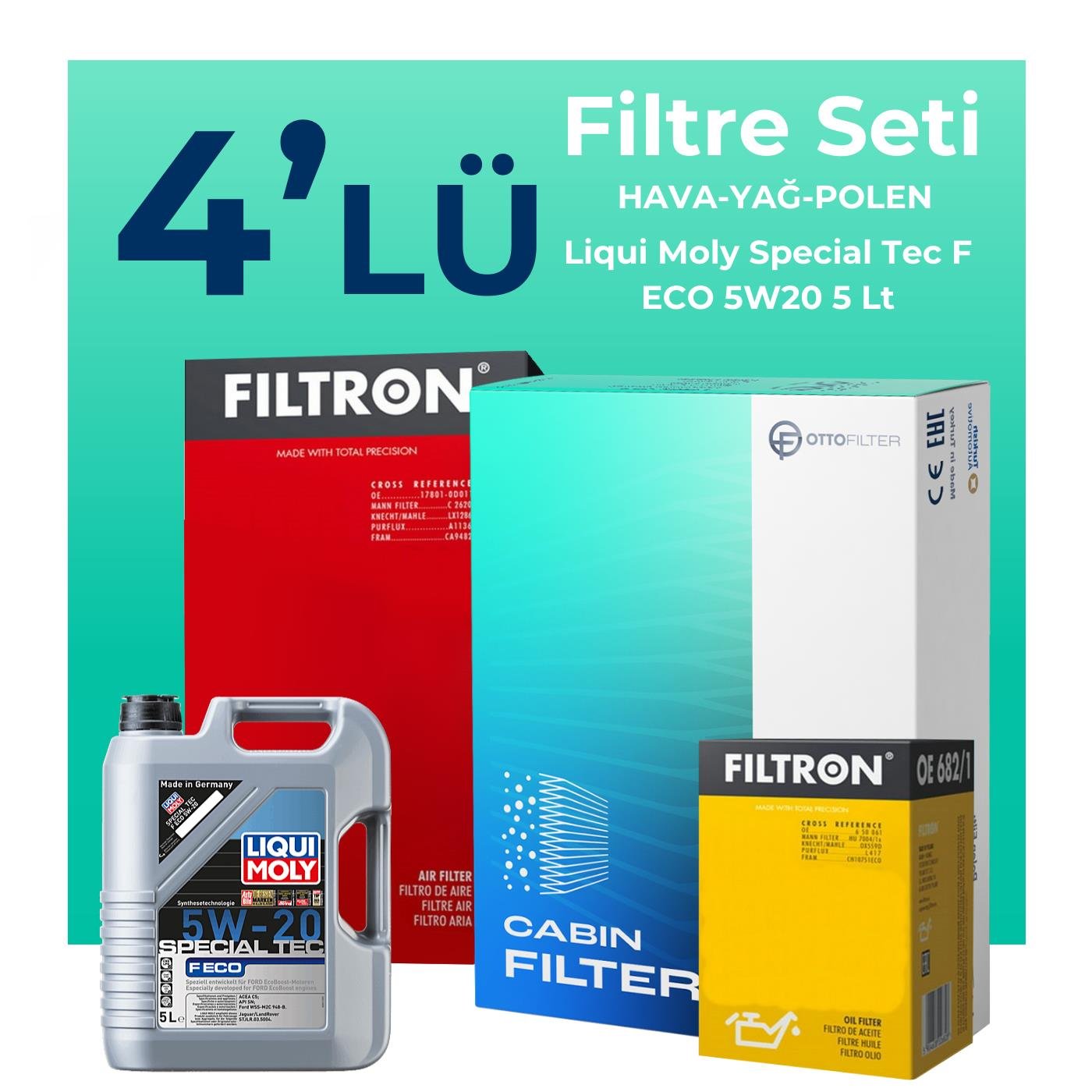 Filtron Ford EcoSport 1.0 Benzin Filtre Bakım Seti Liqui Moly Special Tec F ECO 5W-20 5 Litre Motor Yağlı (2018-2022) 4 Lü