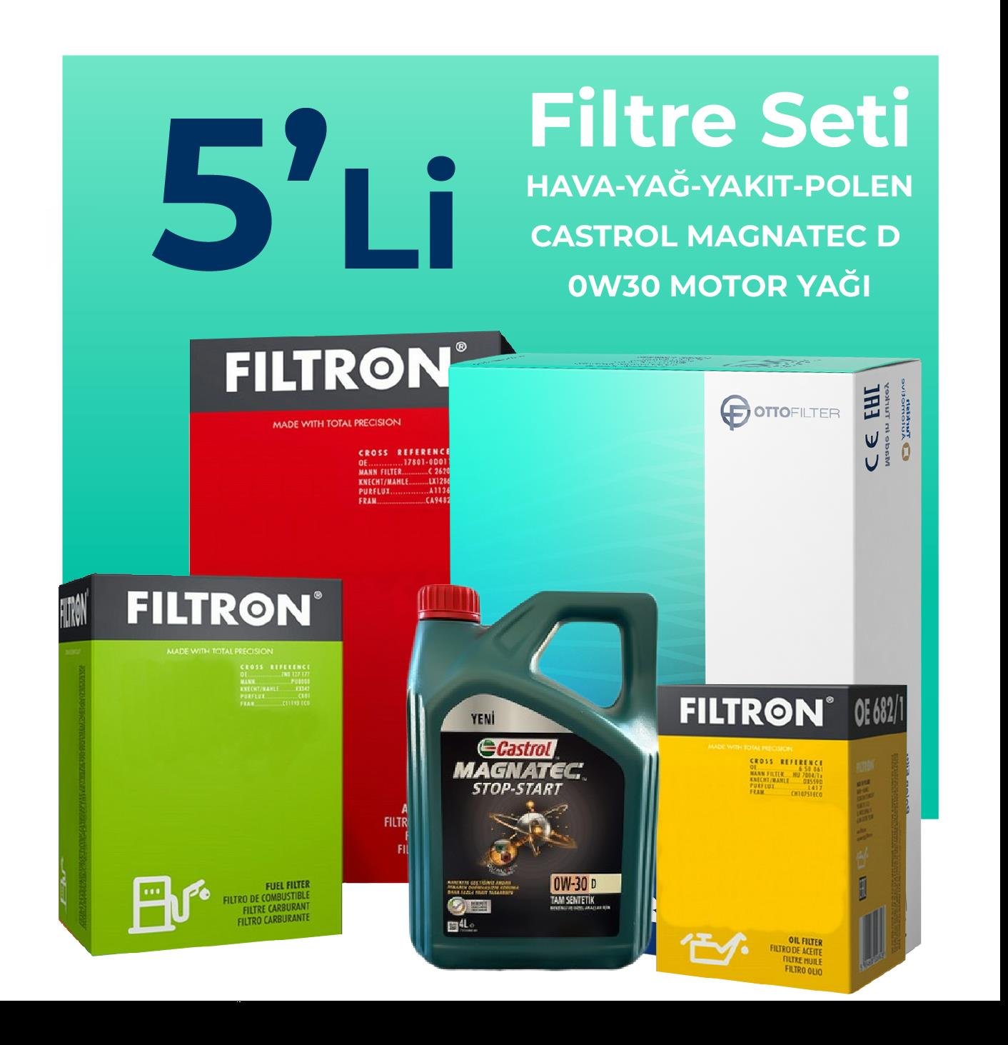 Filtron Ford Tourneo Custom 2.0 Dizel Filtre Bakım Seti Castrol Magnatec D 0W-30 8 Litre Motor Yağlı (2015-2023) 5 Li