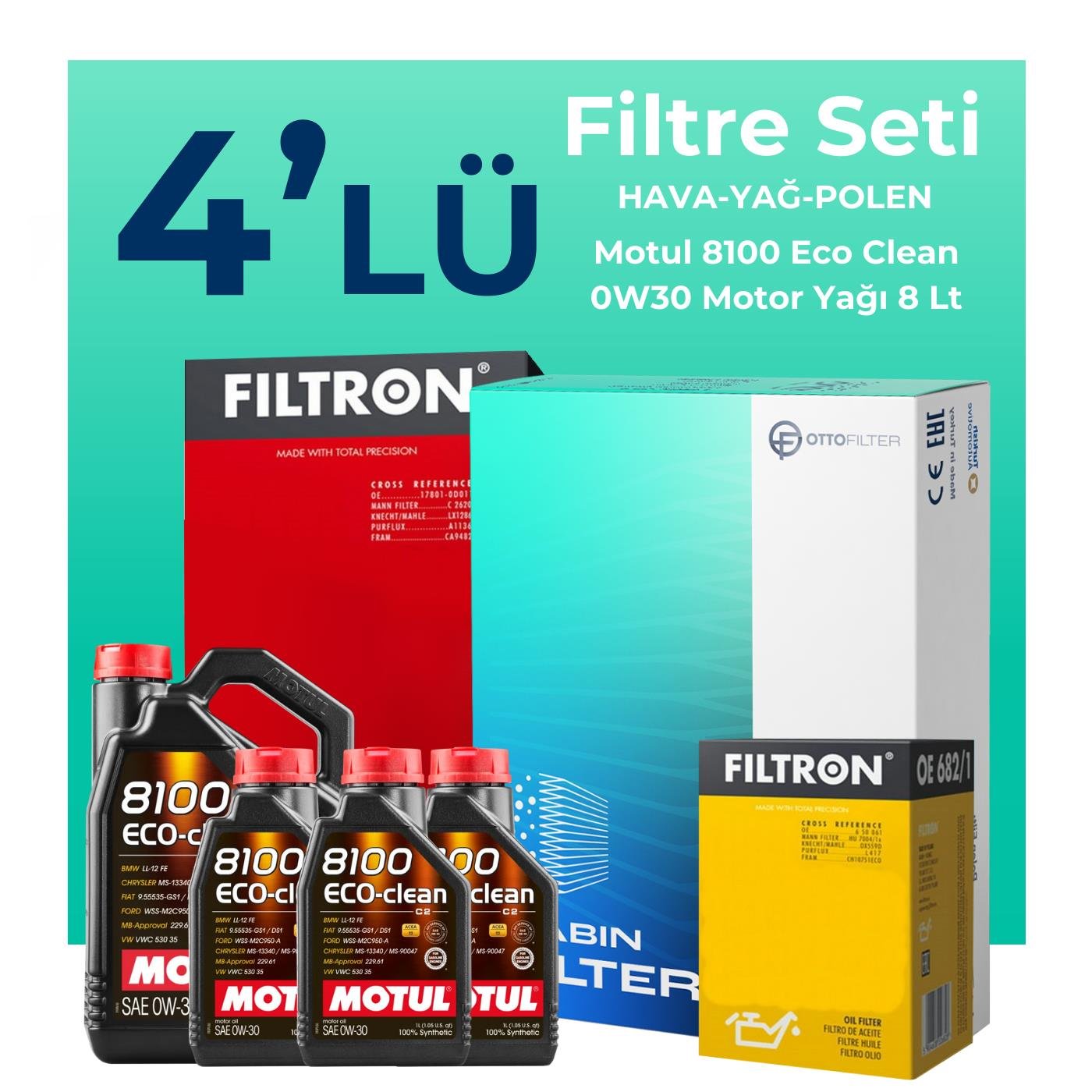 Filtron Ford Tourneo Custom 2.0 Dizel Filtre Bakım Seti Motul 8100 Eco-Clean 0W-30 8 Litre Motor Yağlı (2015-2023) 4 Lü