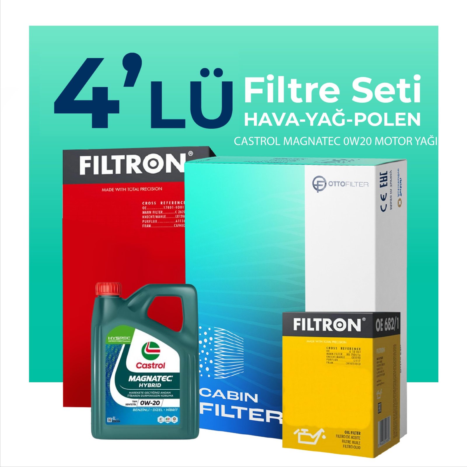 Filtron Honda Accord 1.5 Benzin Filtre Bakım Seti Castrol Magnatec 0W-20 4 Litre Motor Yağlı (2021-2024) 4 Lü