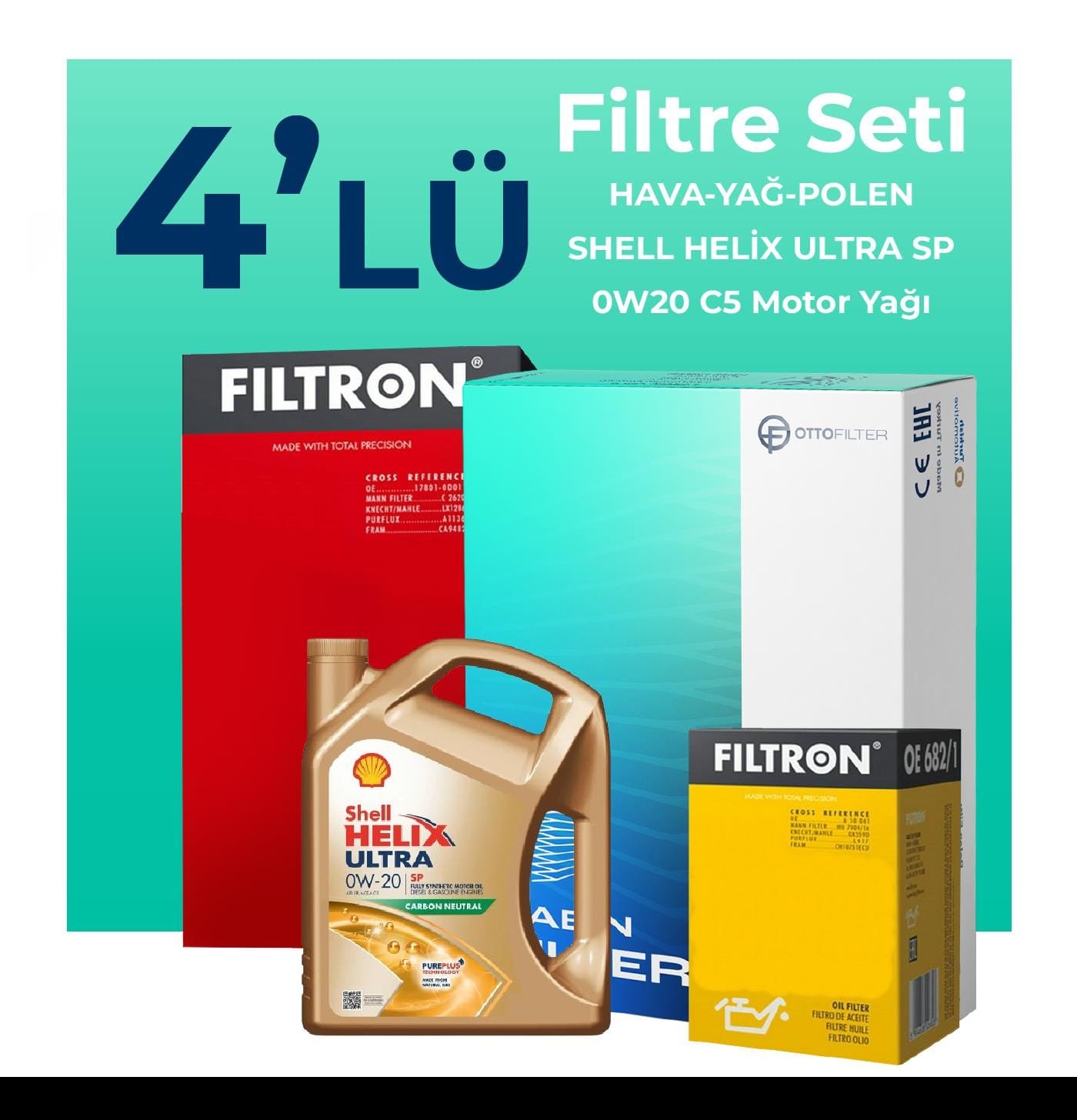Filtron Honda City 1.4 Benzin Filtre Bakım Seti Shell Helix Ultra SP 0W-20 4 Litre Motor Yağlı (2006-2008) 4 Lü
