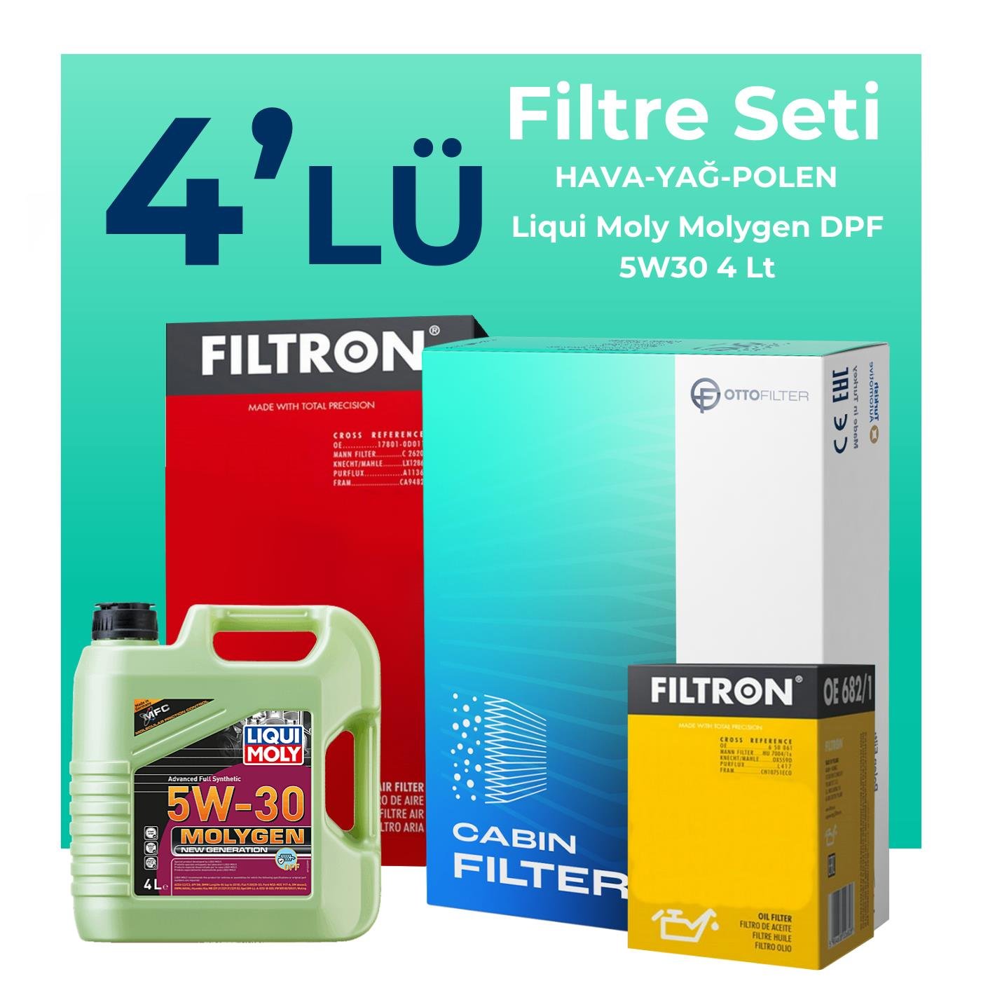 Filtron Hyundai Getz 1.3 Benzin Filtre Bakım Seti Liqui Moly Molygen New Generation DPF 5W-30 4 Litre Motor Yağlı (2002-2007) 4 Lü