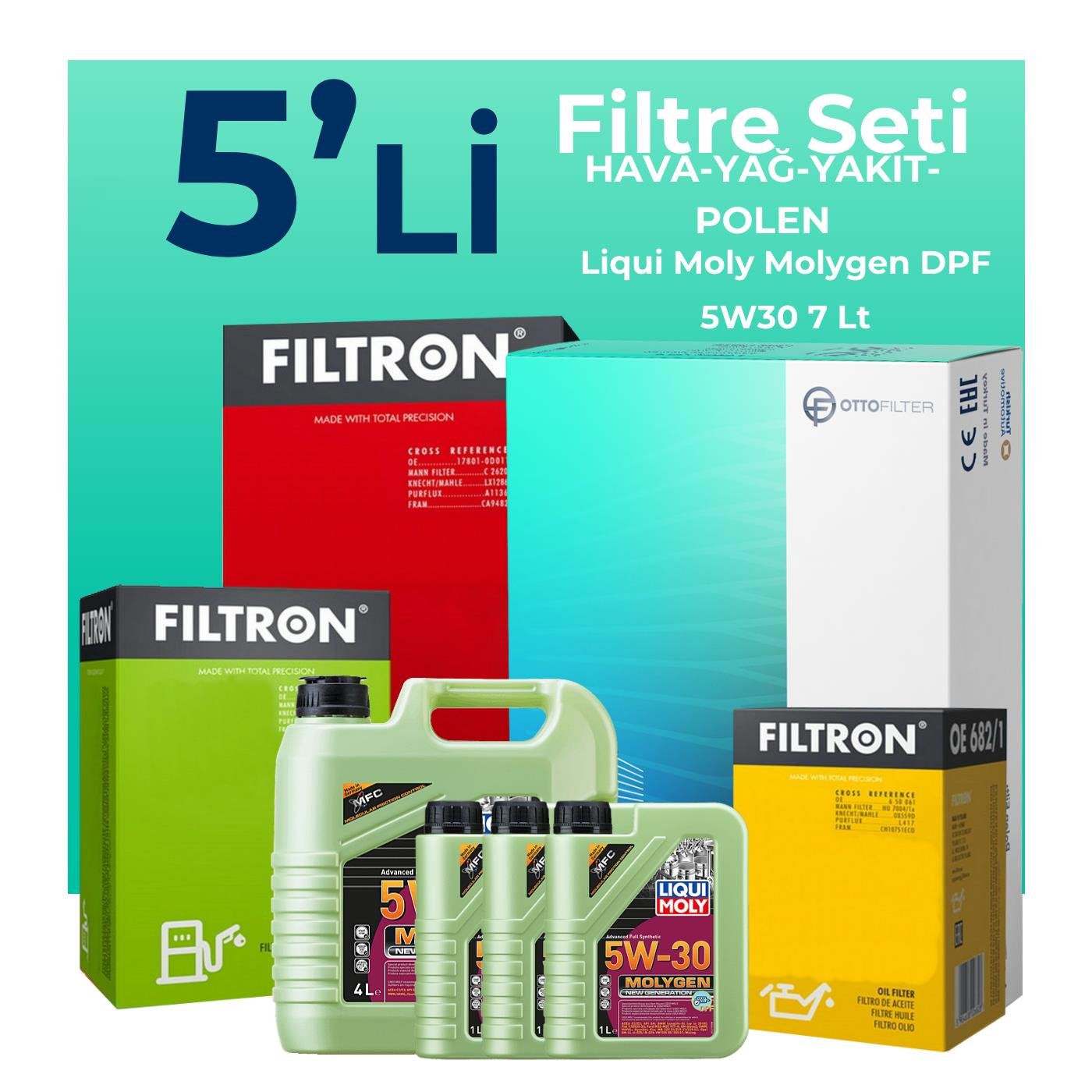 Filtron Isuzu D-Max 1.9 Filtre Bakım Seti Liqui Moly Molygen New Generation DPF 5W-30 7 Litre Motor Yağlı (2017-2023) 5 Li