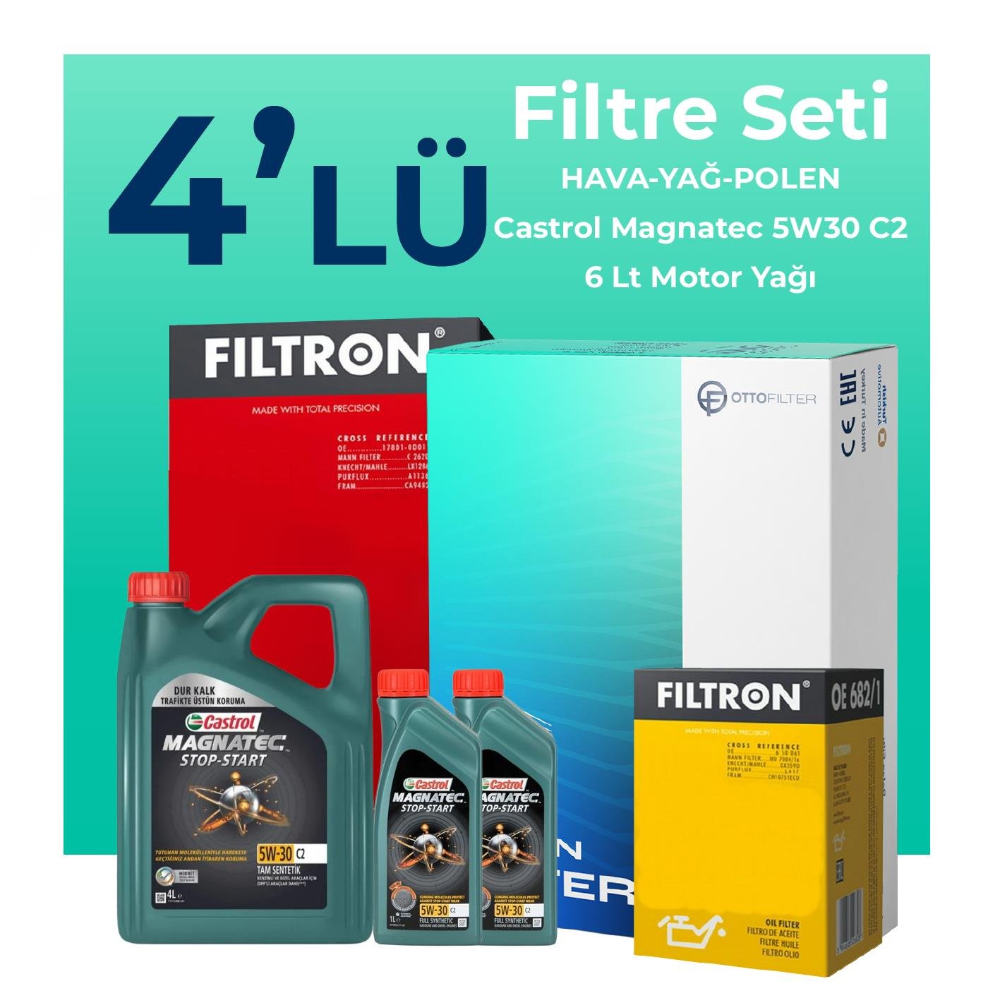 Filtron Kia Sorento 2.0 Dizel Filtre Bakım Seti Castrol Magnatec C2 5W-30 6 Litre Motor Yağlı (2015-2020) 4 Lü