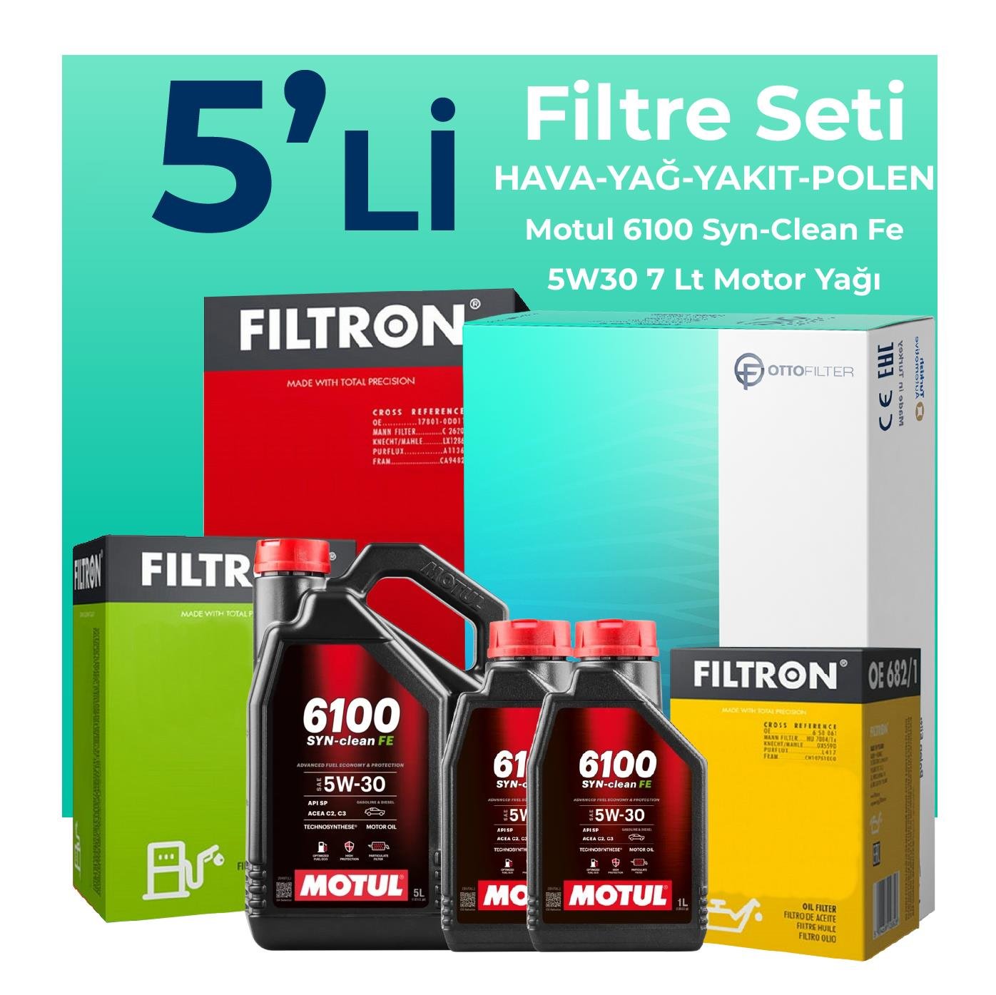 Filtron Kia Sorento 2.2 Dizel Filtre Bakım Seti Motul 6100 Syn-Clean FE 5W-30 7 Litre Motor Yağlı (2010-2012) 5 Li