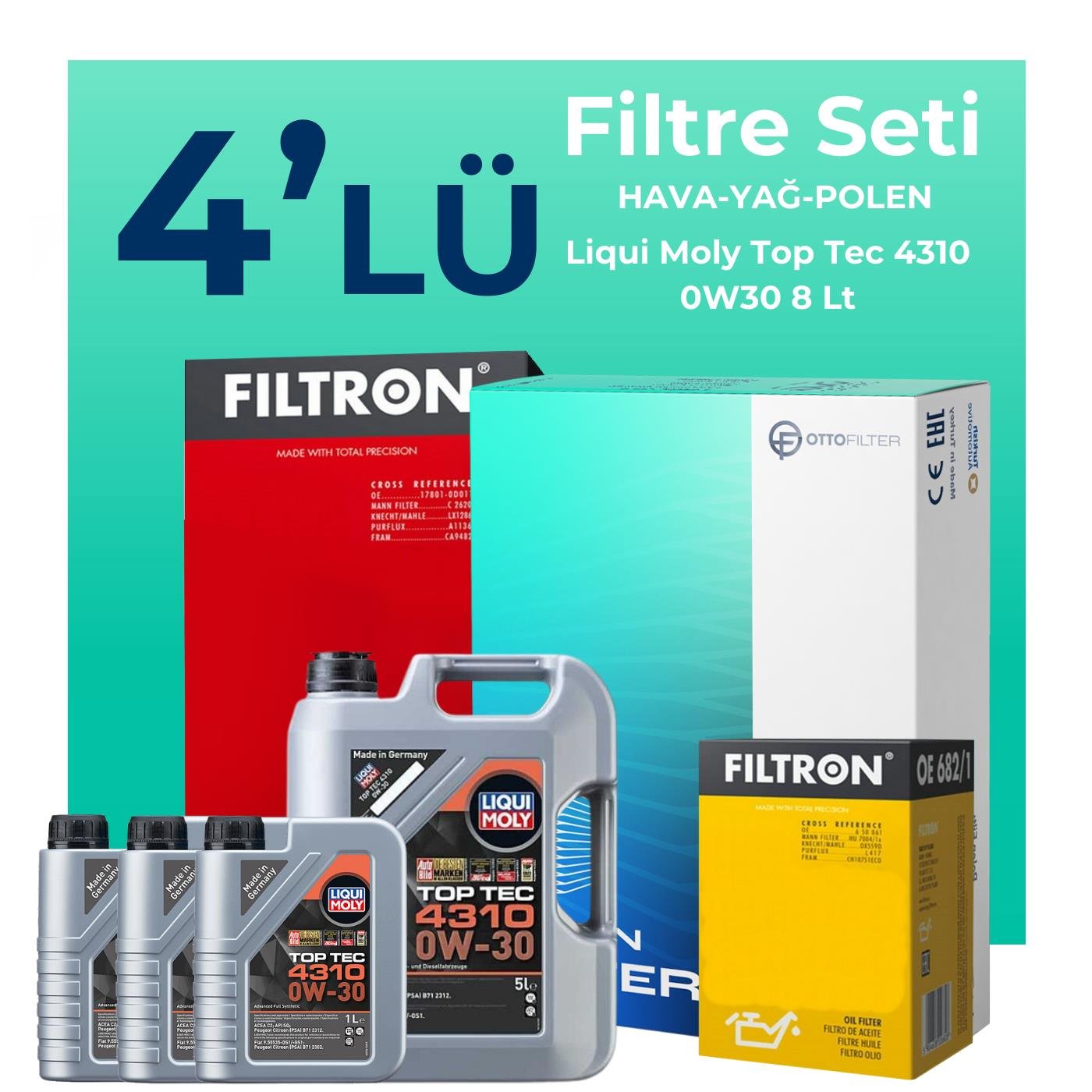 Filtron Land Rover Discovery Sport 2.0 Dizel Filtre Bakım Seti Liqui Moly Top Tec 4310 0W-30 8 Litre Motor Yağlı (2014-2021) 4 Lü