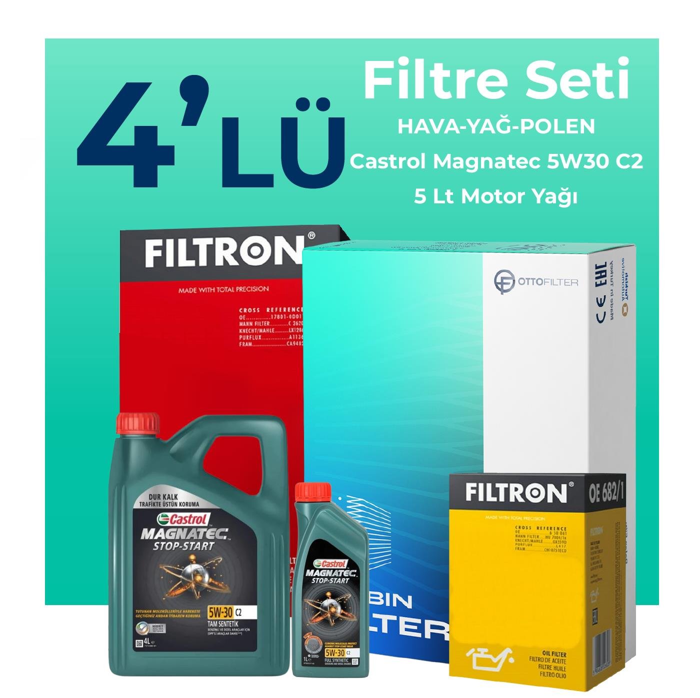 Filtron Mini Cooper Clubman 1.5 Benzinli Filtre Bakım Seti Castrol Magnatec C2 5W-30 5 Litre Motor Yağlı (2017-2022) 4 Lü