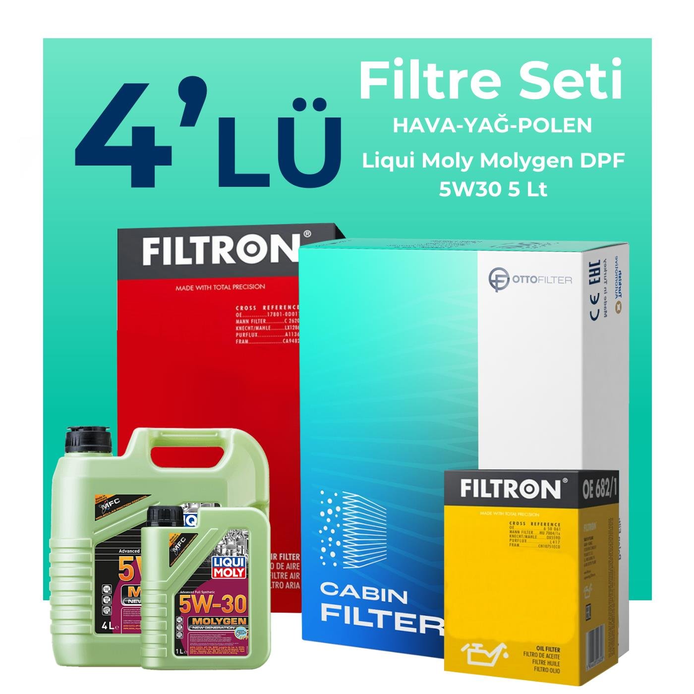 Filtron Mini Cooper Clubman 1.5 Benzinli Filtre Bakım Seti Liqui Moly Molygen New Generation DPF 5W-30 5 Litre Motor Yağlı (2017-2022) 4 Lü