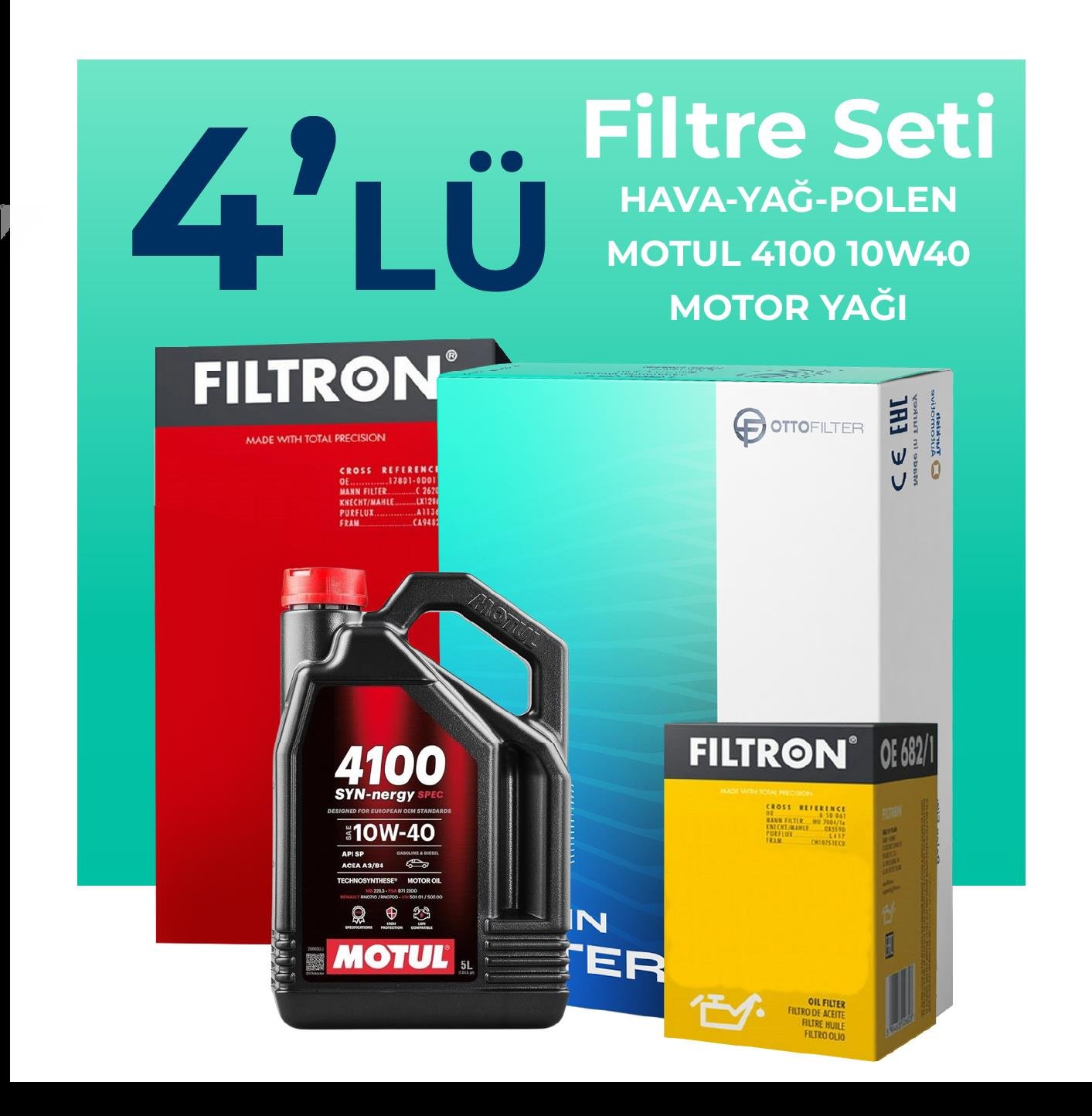 Filtron Nissan Almera 1.5 Filtre Bakım Seti Motul 4100 10W-40 4 Litre Motor Yağlı (2001-2008) 4 Lü
