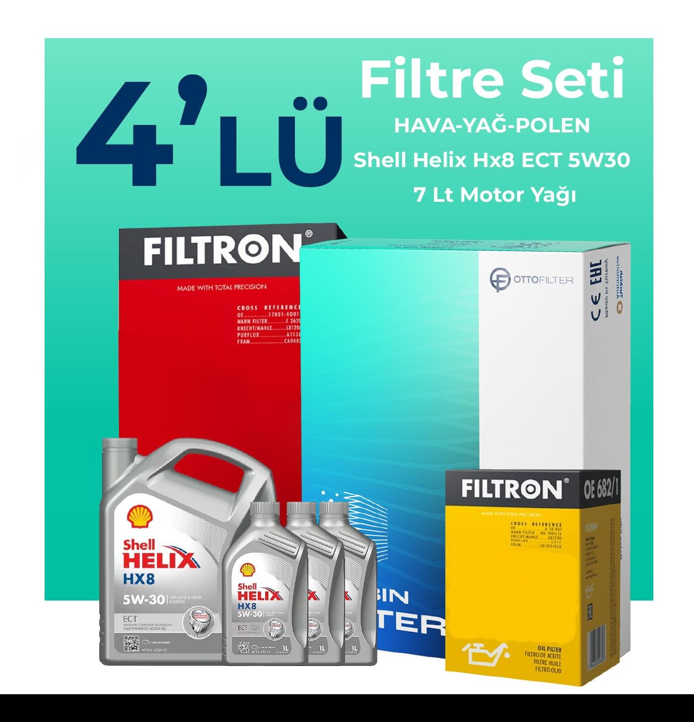 Filtron Nissan Skystar 2.5 Dizel Filtre Bakım Seti Shell Helix Hx8 ECT 5W-30 7 Litre Motor Yağlı (1997-2008) 4 Lü