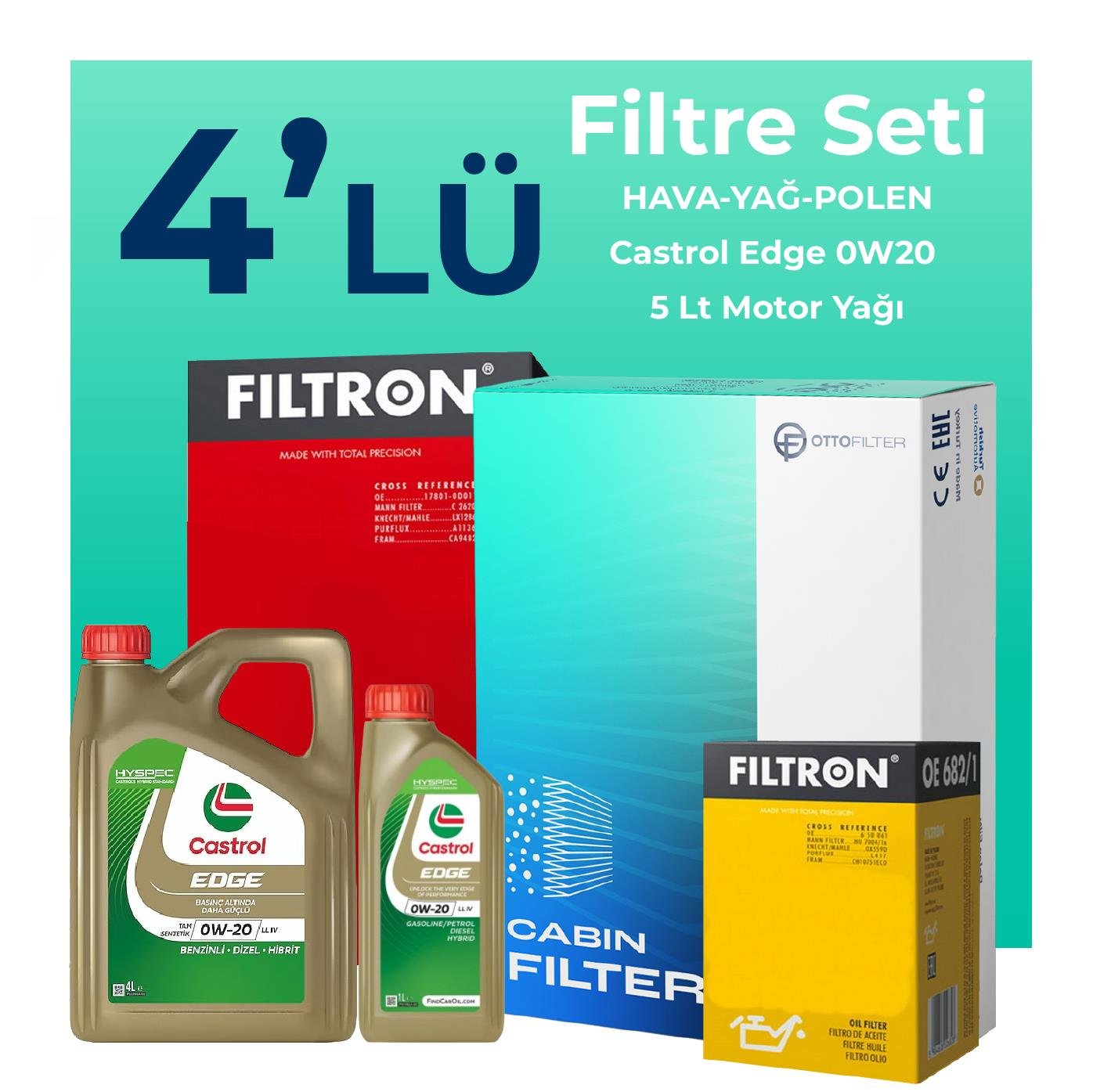 Filtron Opel Insignia 1.5 Dizel Filtre Bakım Seti Castrol Edge 0W-20 5 Litre Motor Yağlı (2018-2023) 4 Lü
