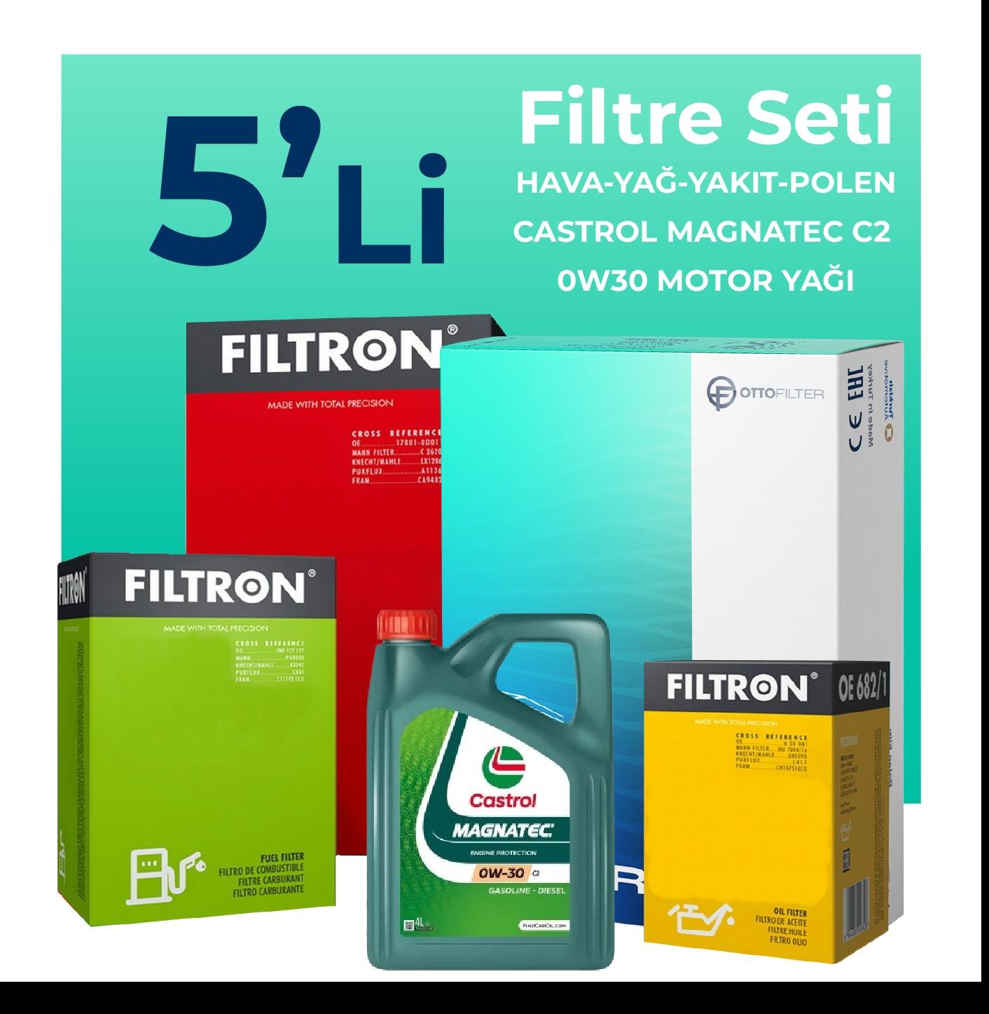 Filtron Peugeot 2008 1.6 BlueHDi Dizel Filtre Bakım Seti Castrol Magnatec C2 0W-30 4 Litre Motor Yağlı (2015-2019) 5 Li