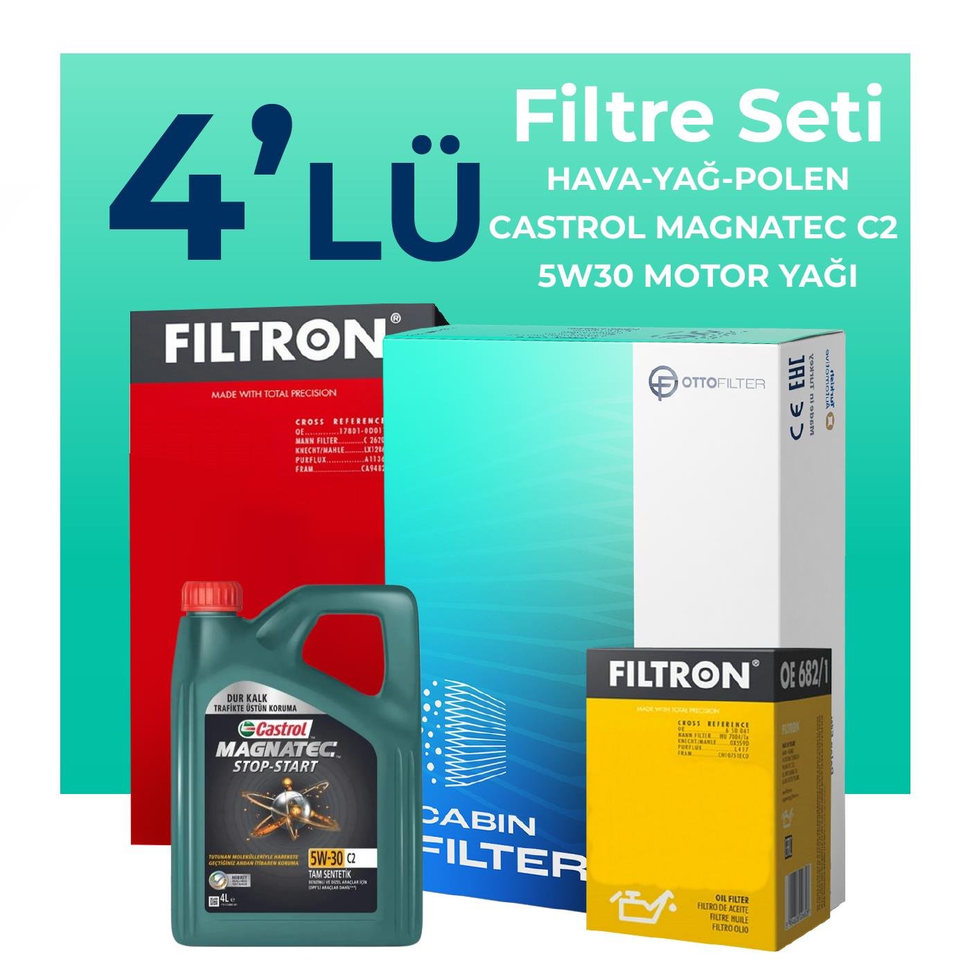 Filtron Peugeot 206+ 1.4 Benzin Filtre Bakım Seti Castrol Magnatec C2 5W-30 4 Litre Motor Yağlı (2010-2013) 4 Lü