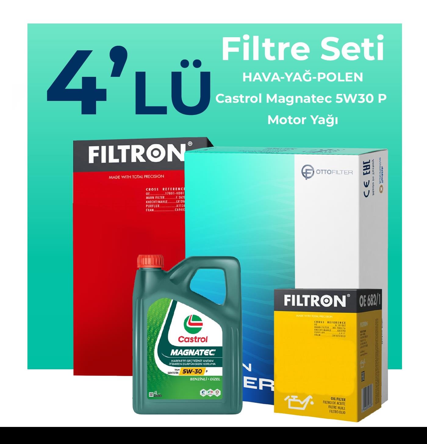 Filtron Peugeot 208 1.2 Benzin Filtre Bakım Seti Castrol Magnatec P 5W-30 4 Litre Motor Yağlı (2019-2024) 4 Lü