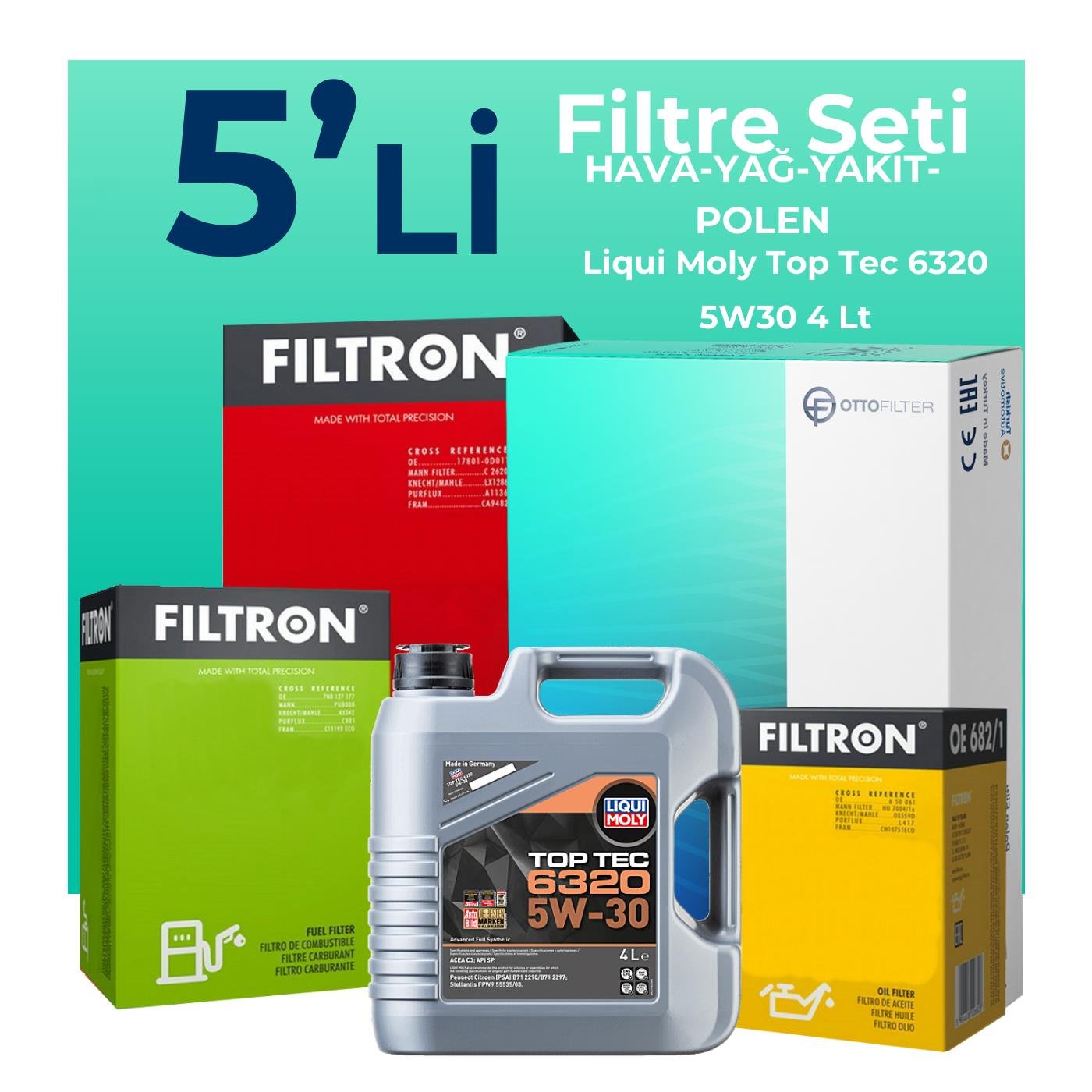 Filtron Peugeot 3008 1.5 Dizel Filtre Bakım Seti Liqui Moly Top Tec 6320 5W-30 4 Litre Motor Yağlı (2018-2024) 5 Li
