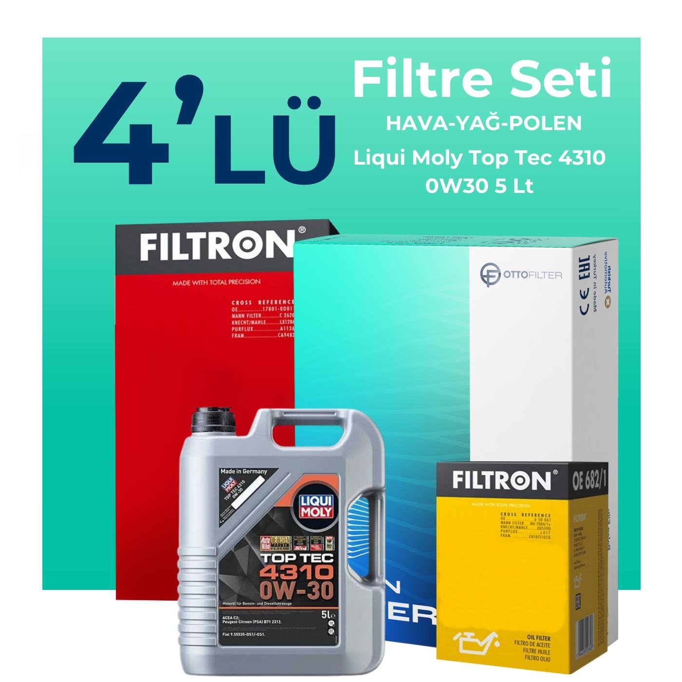 Filtron Peugeot 3008 1.6 BlueHDi Dizel Filtre Bakım Seti Liqui Moly Top Tec 4310 0W-30 5 Litre Motor Yağlı (2016-2019) 4 Lü