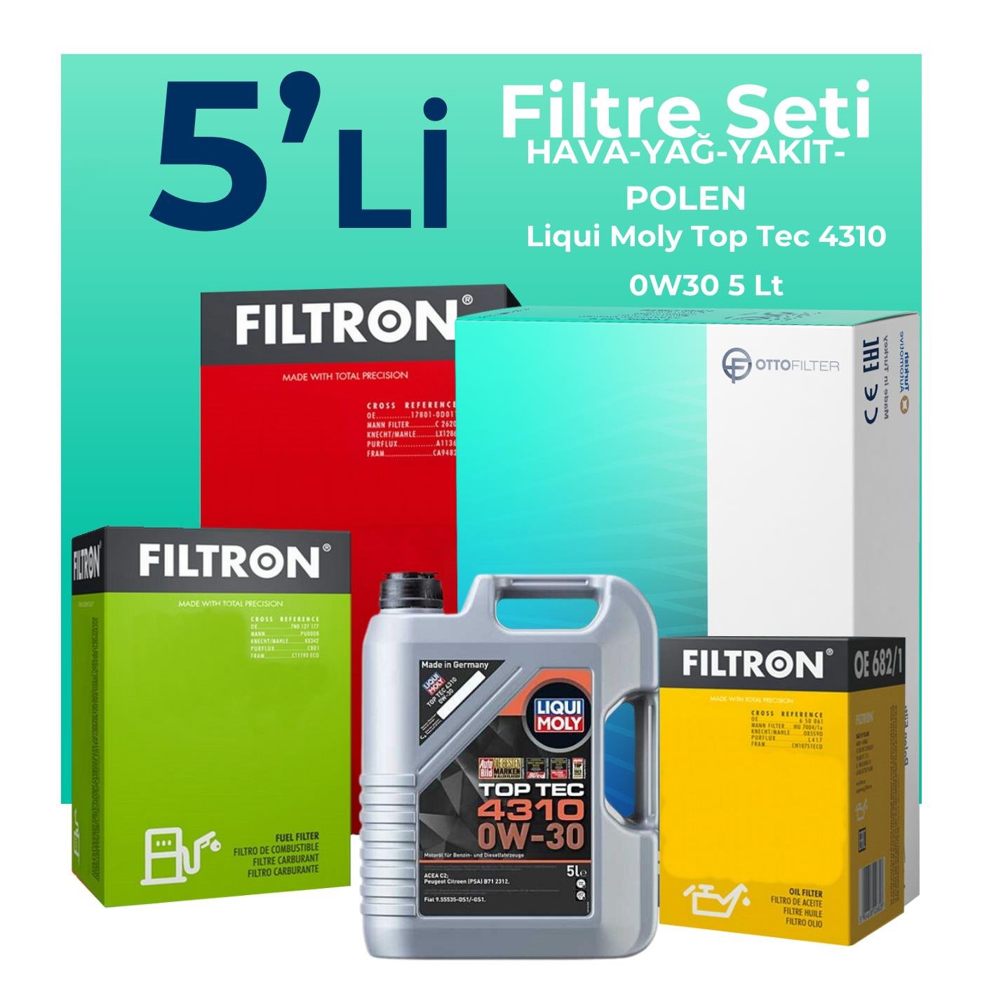 Filtron Peugeot 3008 1.6 BlueHDi Dizel Filtre Bakım Seti Liqui Moly Top Tec 4310 0W-30 5 Litre Motor Yağlı (2016-2019) 5 Li
