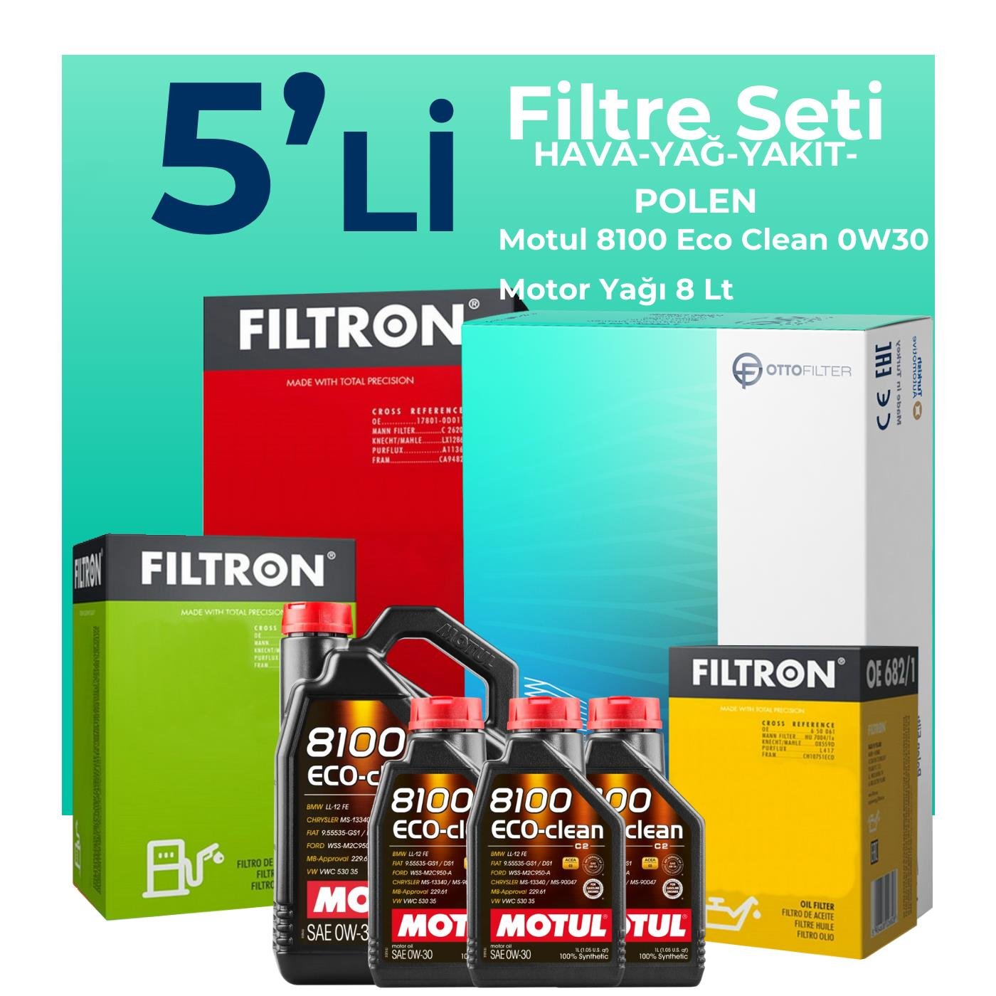 Filtron Peugeot Expert 2.0 Dizel Filtre Bakım Seti Motul 8100 Eco-Clean 0W-30 8 Litre Motor Yağlı (2017-2024) 5 Li